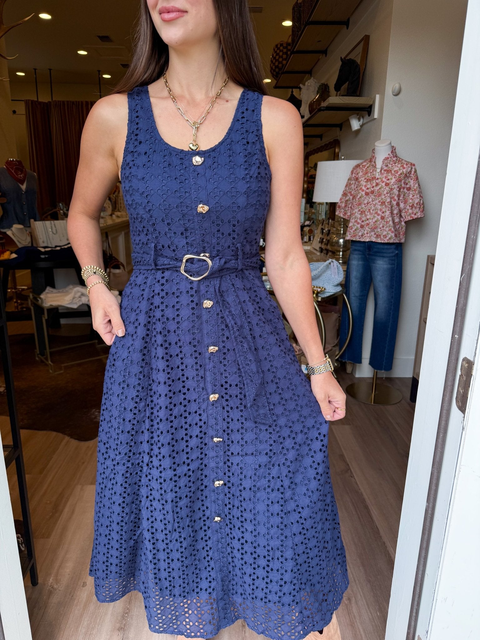 MIdnight Blue Eyelet Midi Dress - Elk + Elm