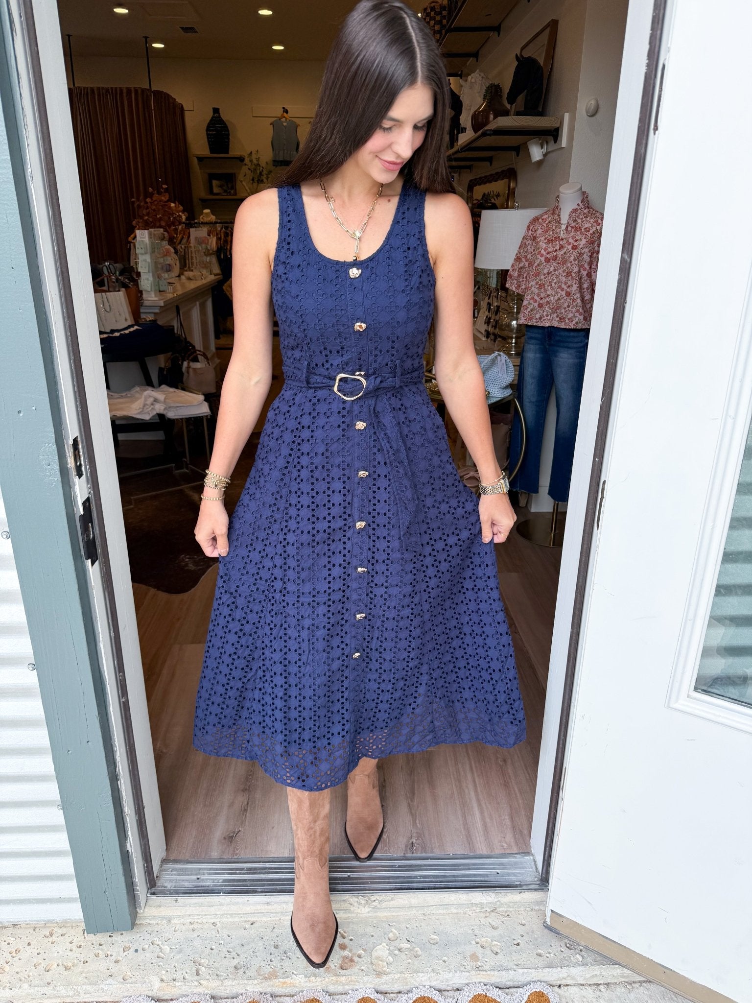 MIdnight Blue Eyelet Midi Dress - Elk + Elm