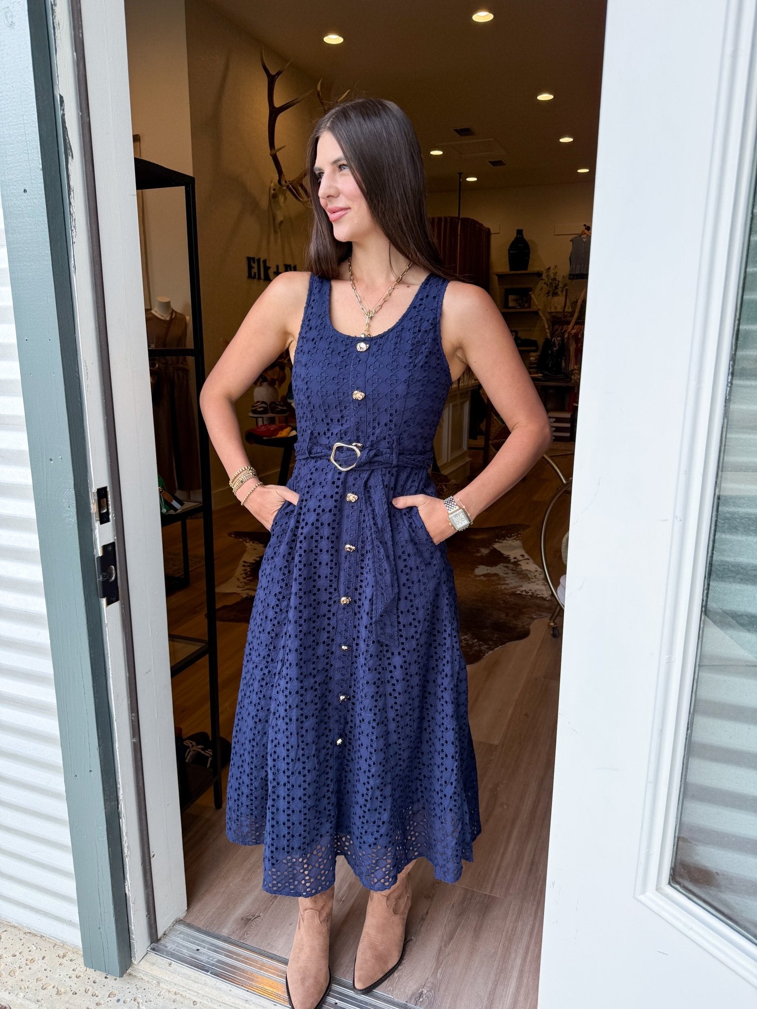 MIdnight Blue Eyelet Midi Dress - Elk + Elm