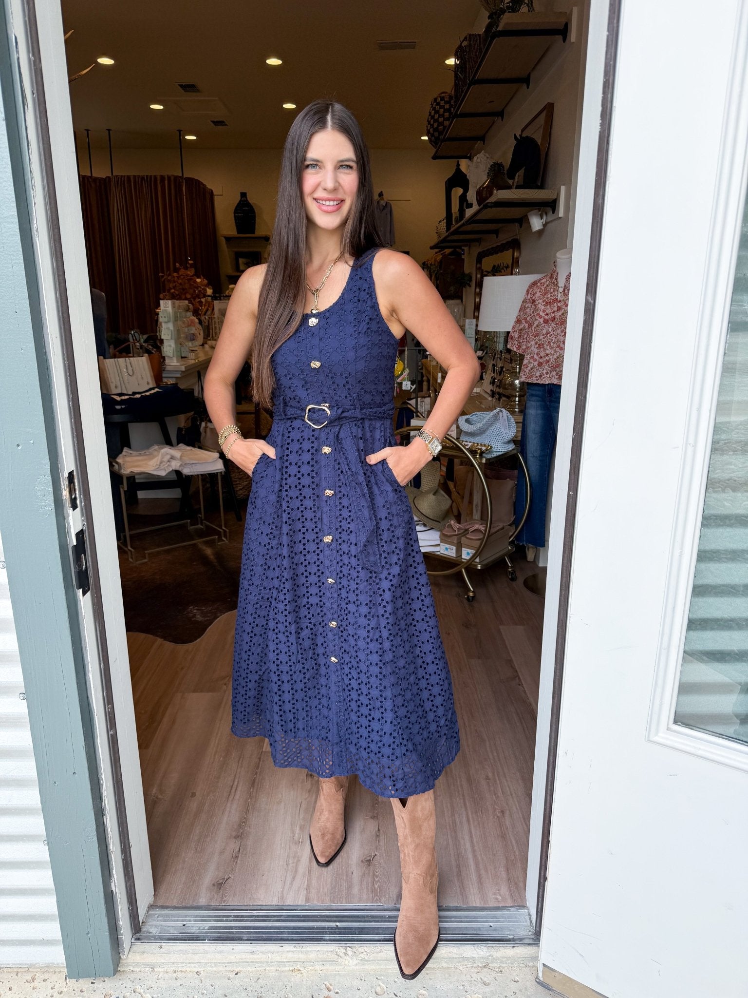 MIdnight Blue Eyelet Midi Dress - Elk + Elm