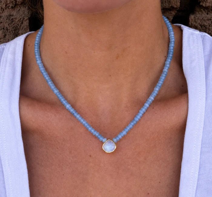 Moonstone/Aquamarine Beaded Necklace - Elk + Elm