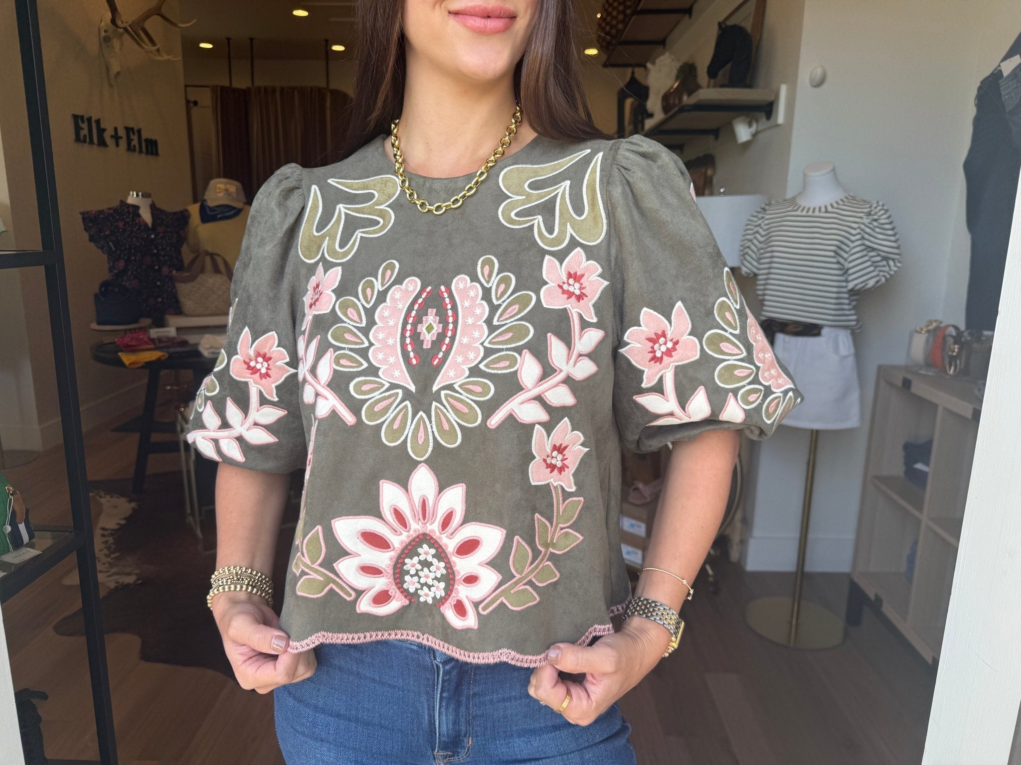 Olive Rose Suede Top - Elk + Elm