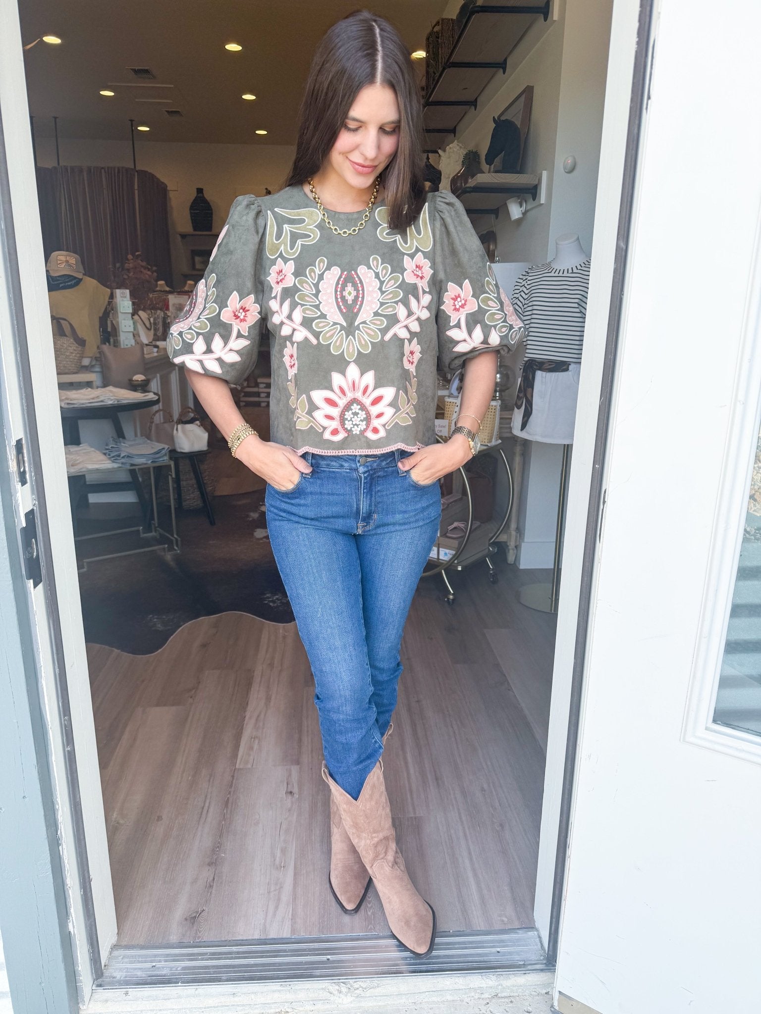 Olive Rose Suede Top - Elk + Elm