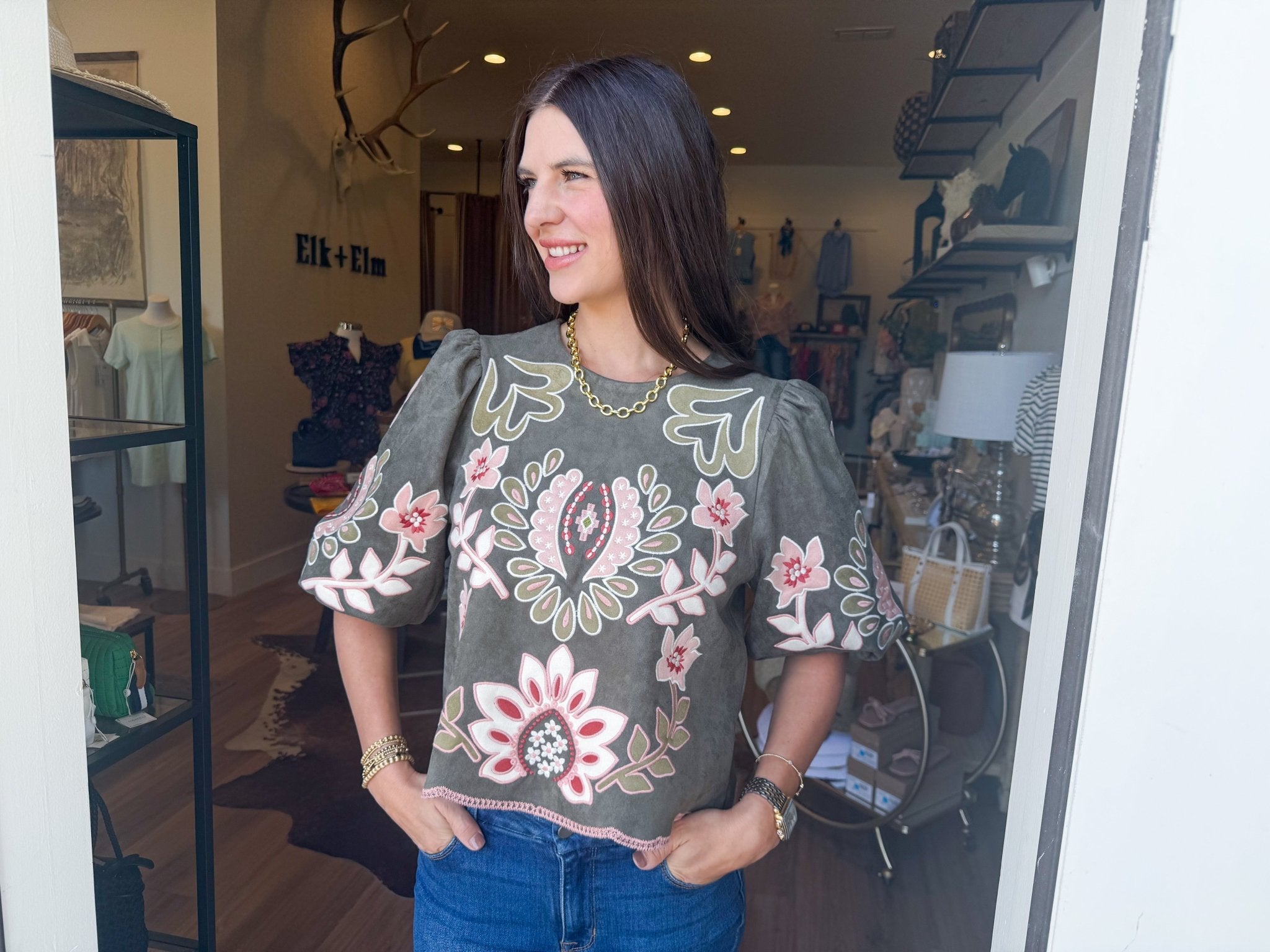 Olive Rose Suede Top - Elk + Elm