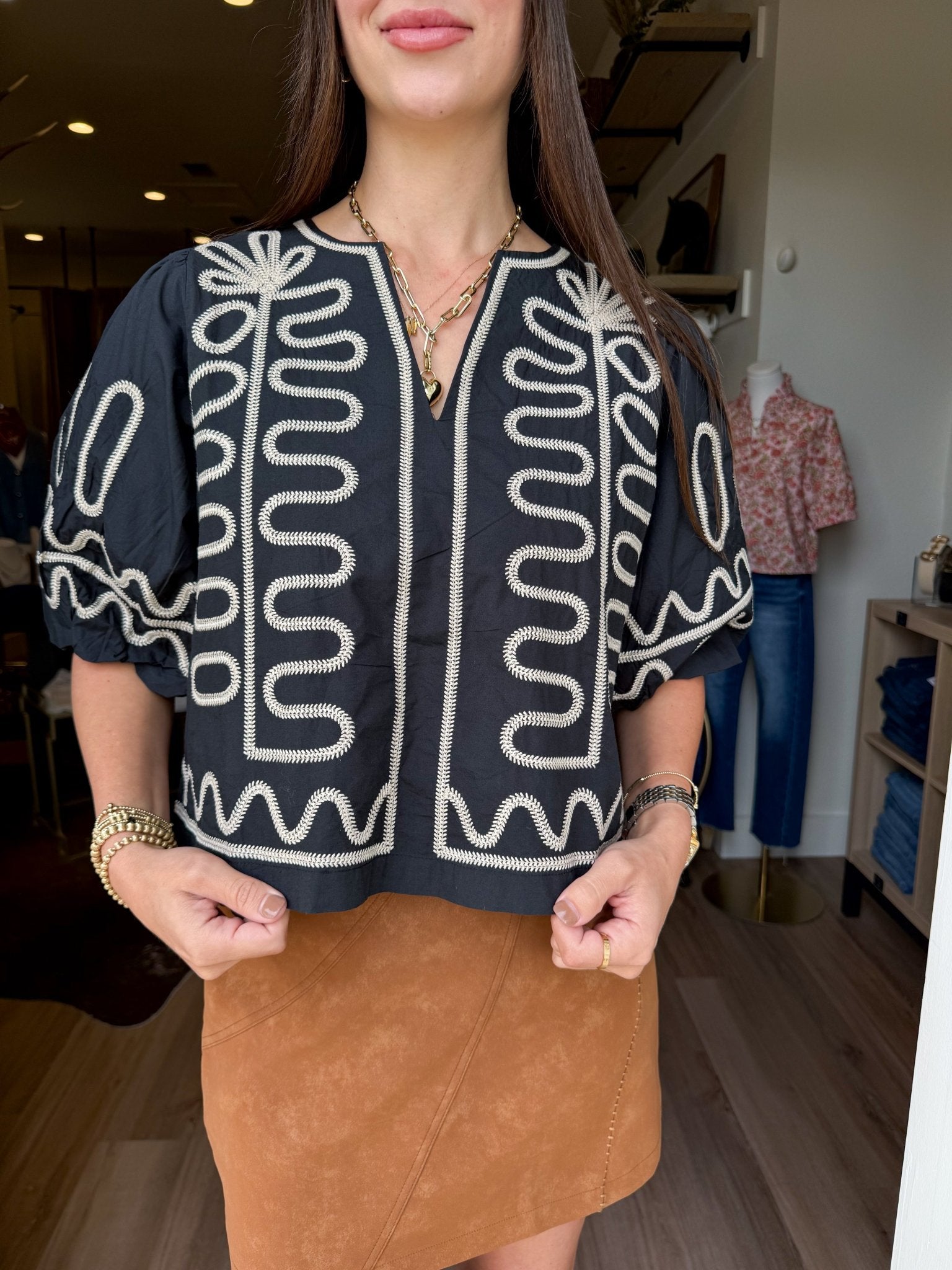 On The Line Embroidered Top - Elk + Elm