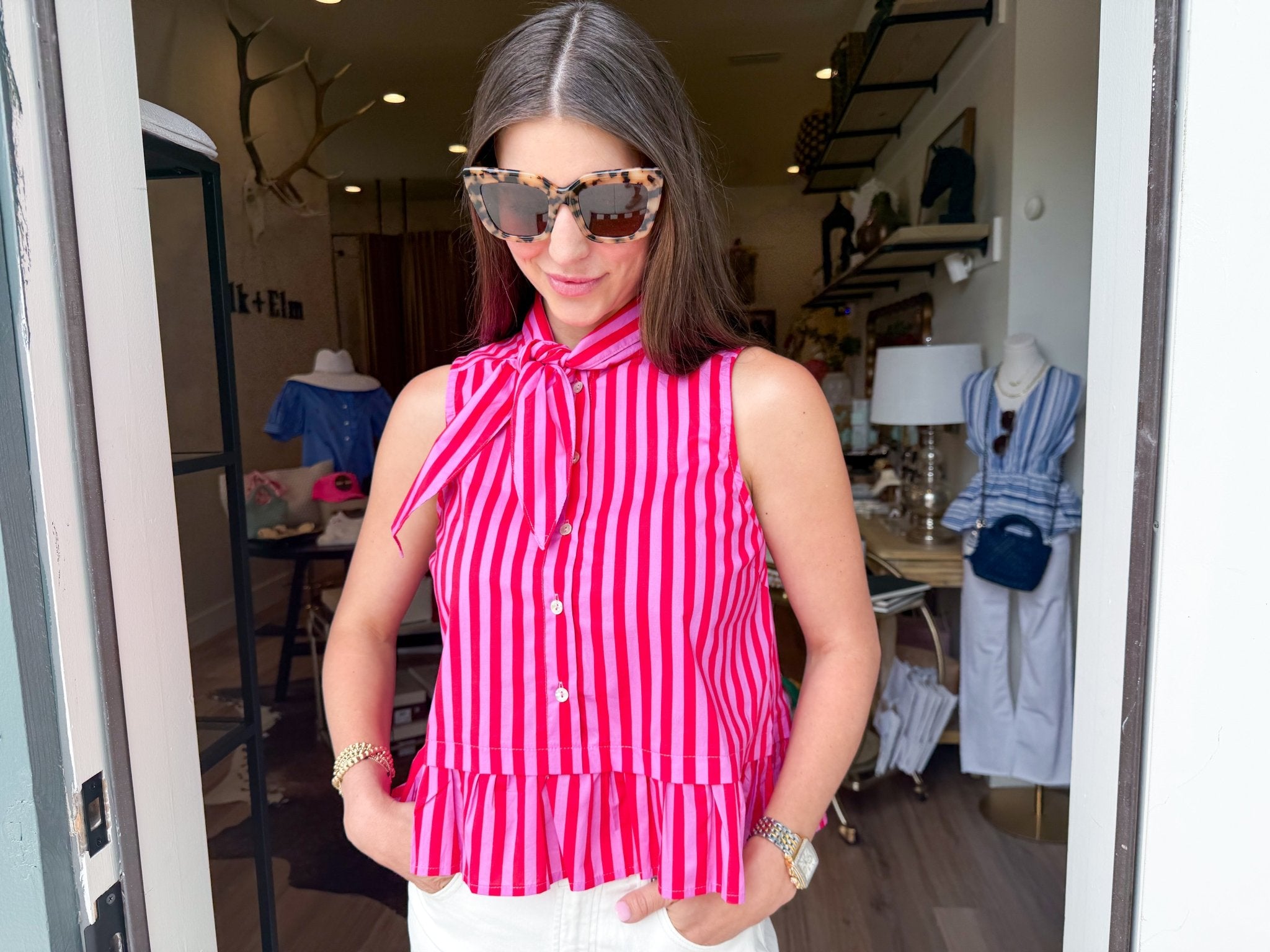 Pink Stripe Tie Neck Top - Elk + Elm