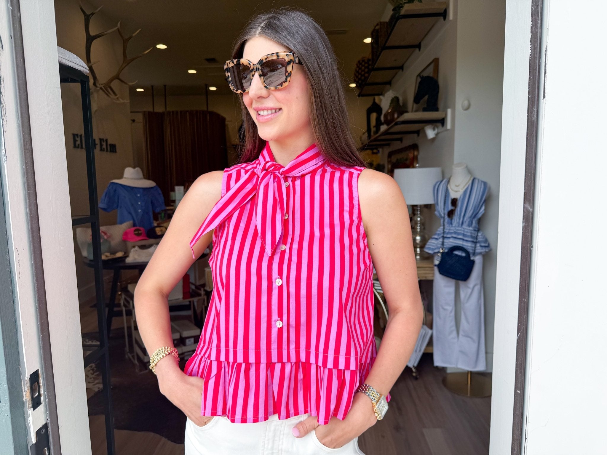 Pink Stripe Tie Neck Top - Elk + Elm