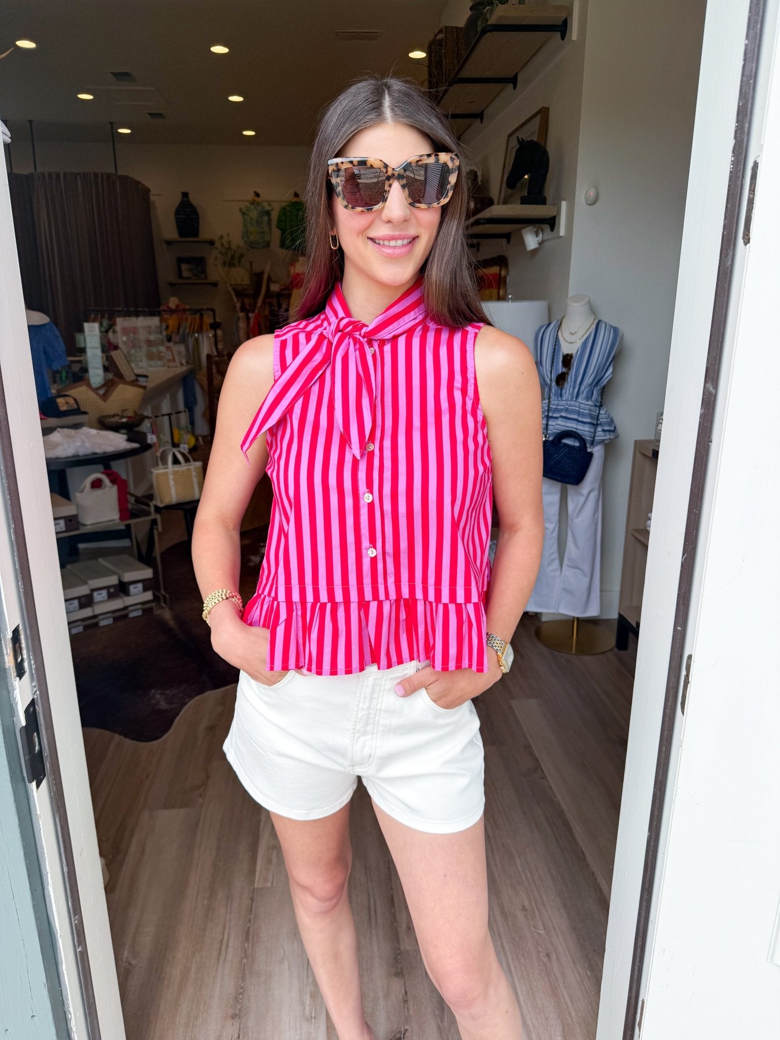 Pink Stripe Tie Neck Top - Elk + Elm