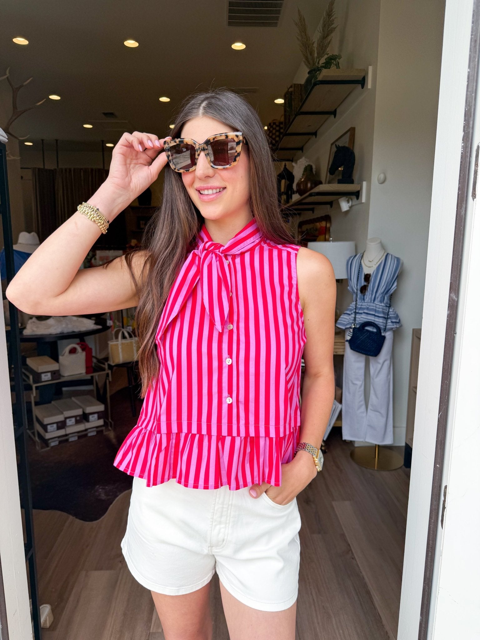 Pink Stripe Tie Neck Top - Elk + Elm