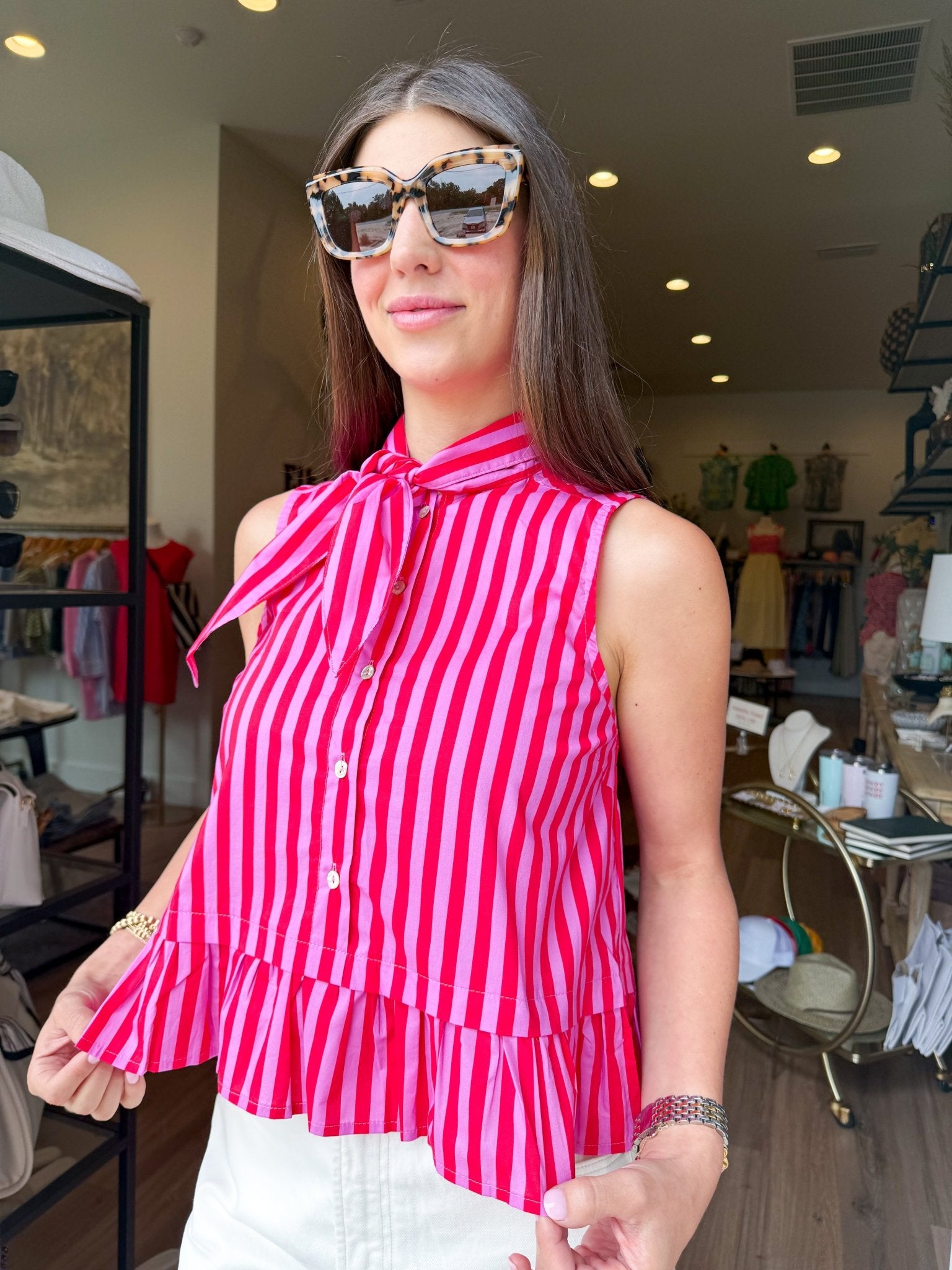 Pink Stripe Tie Neck Top - Elk + Elm