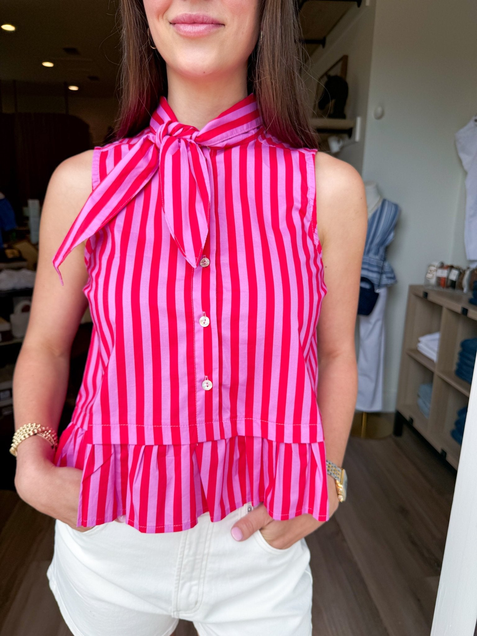 Pink Stripe Tie Neck Top - Elk + Elm