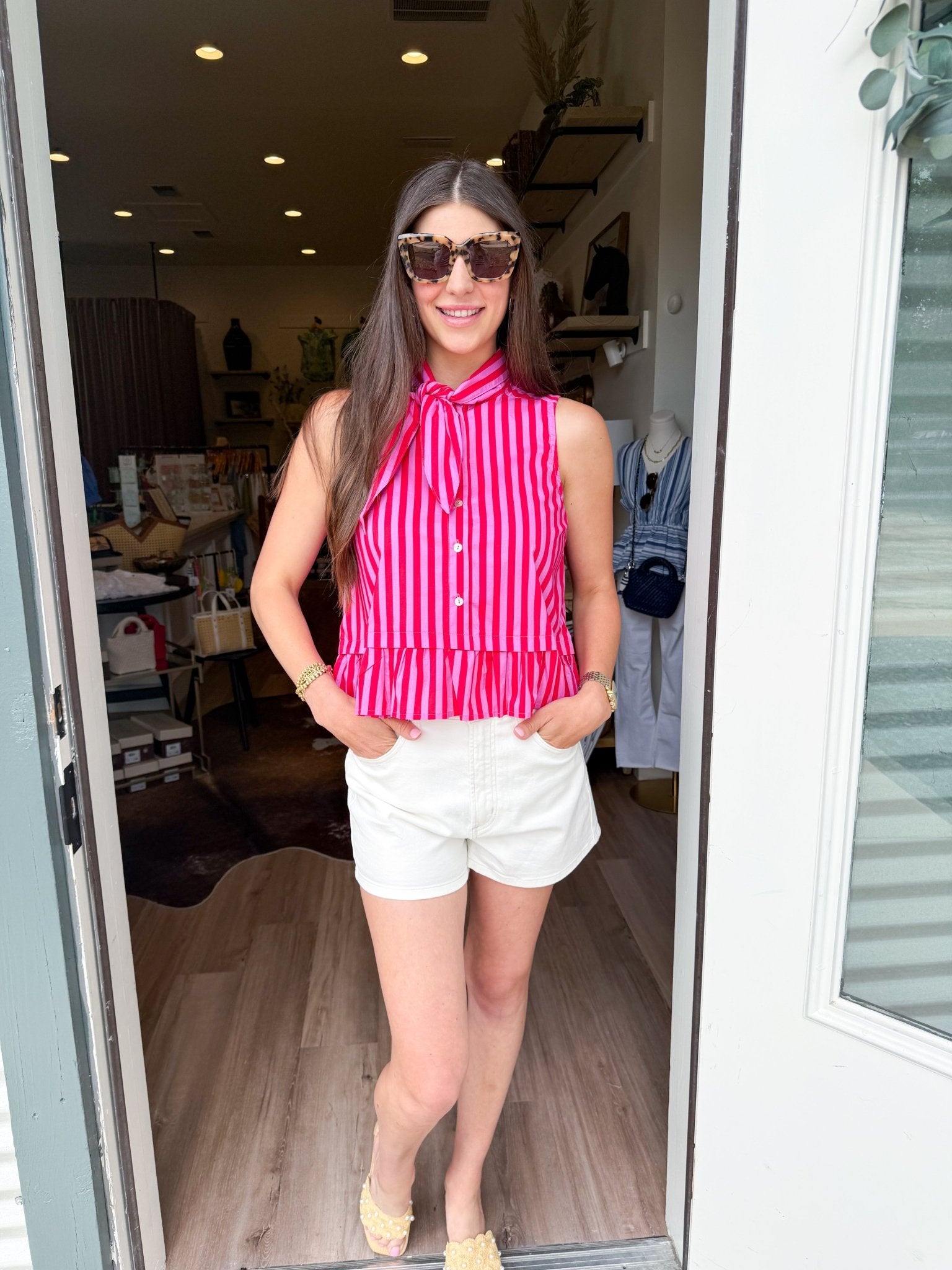 Pink Stripe Tie Neck Top - Elk + Elm
