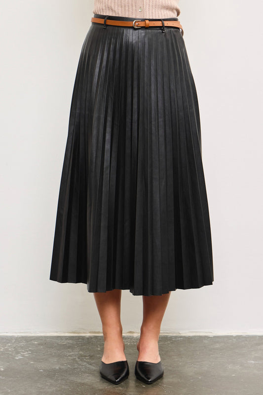 Pleated Pleather Skirt- Black