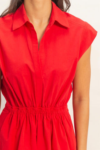 Poppy Red Collared Mini Dress with Elastic Waist - Elk + Elm