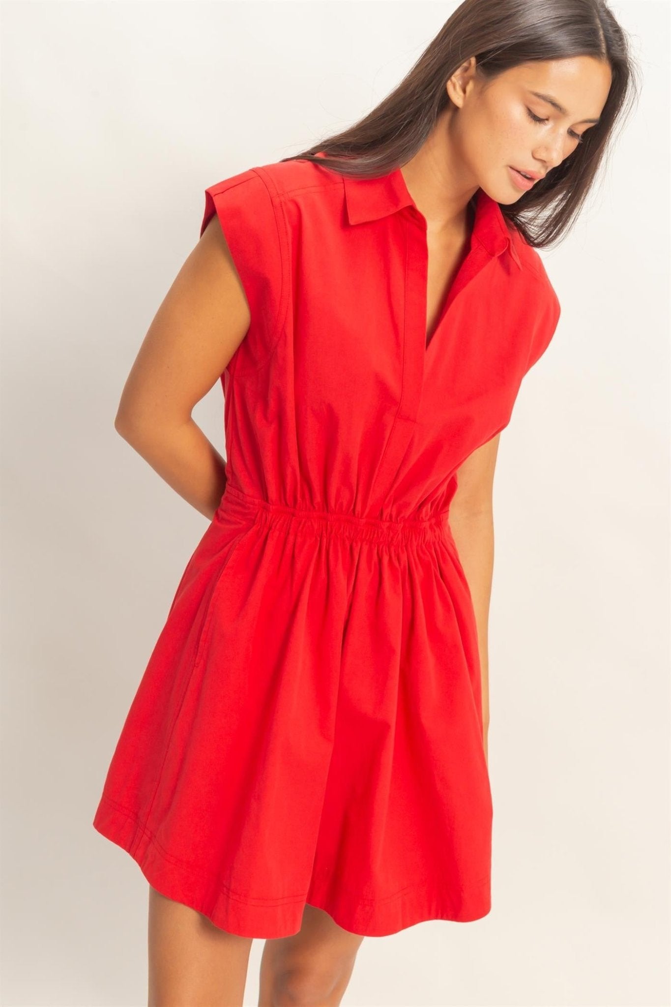 Poppy Red Collared Mini Dress with Elastic Waist - Elk + Elm