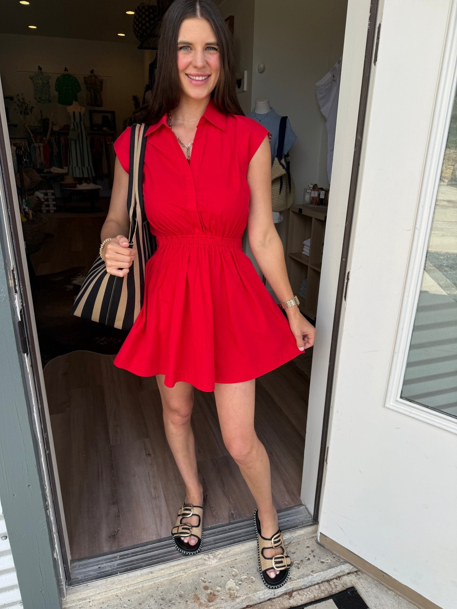 Poppy Red Collared Mini Dress with Elastic Waist - Elk + Elm