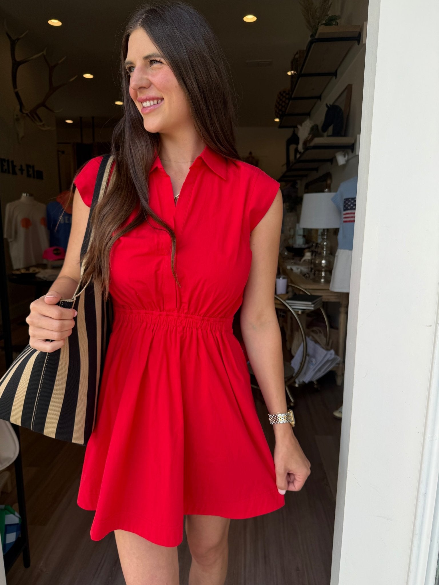 Poppy Red Collared Mini Dress with Elastic Waist - Elk + Elm