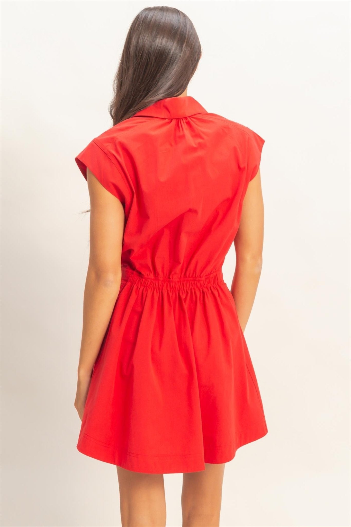 Poppy Red Collared Mini Dress with Elastic Waist - Elk + Elm