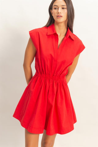 Poppy Red Collared Mini Dress with Elastic Waist - Elk + Elm