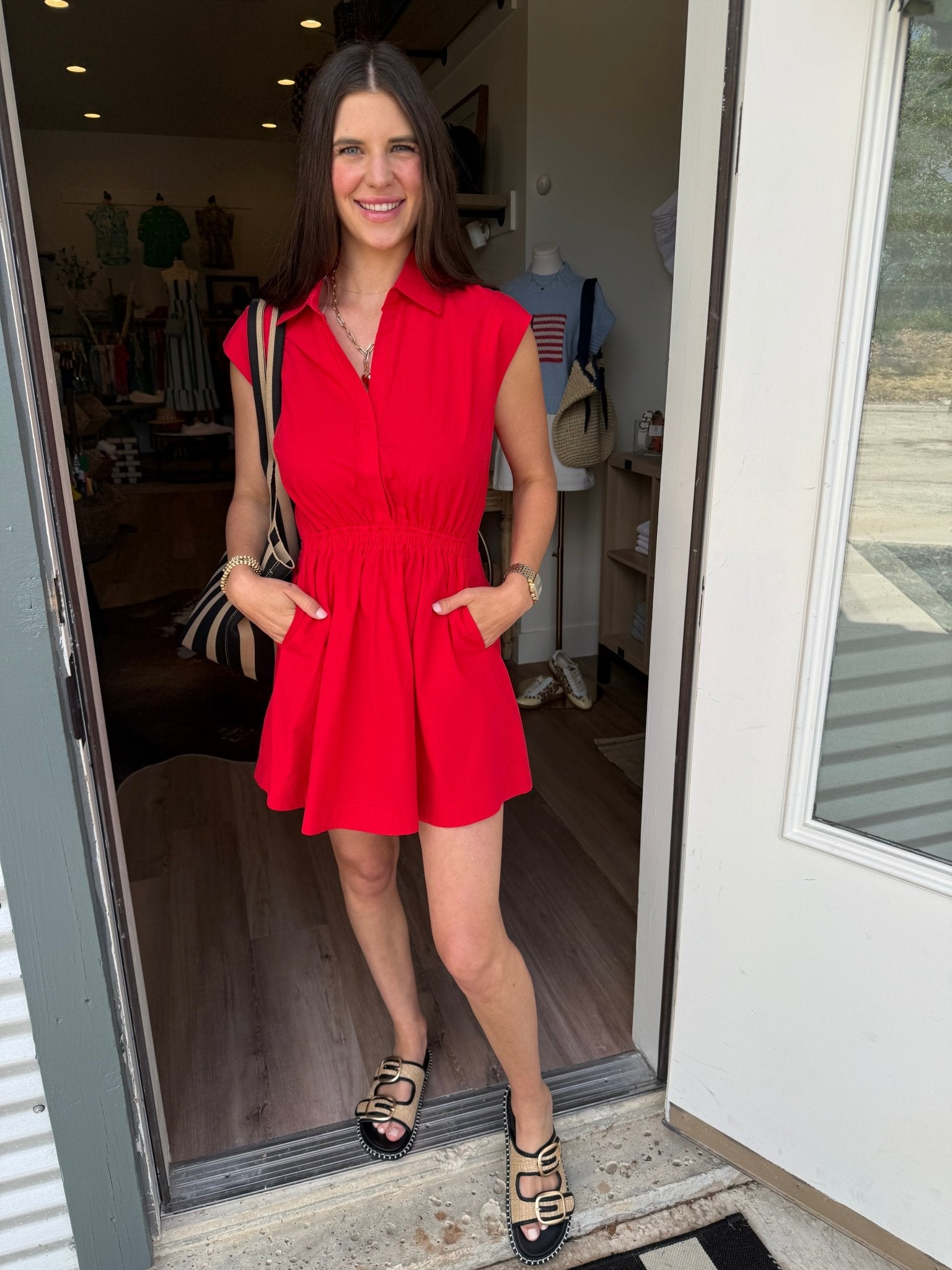 Poppy Red Collared Mini Dress with Elastic Waist - Elk + Elm