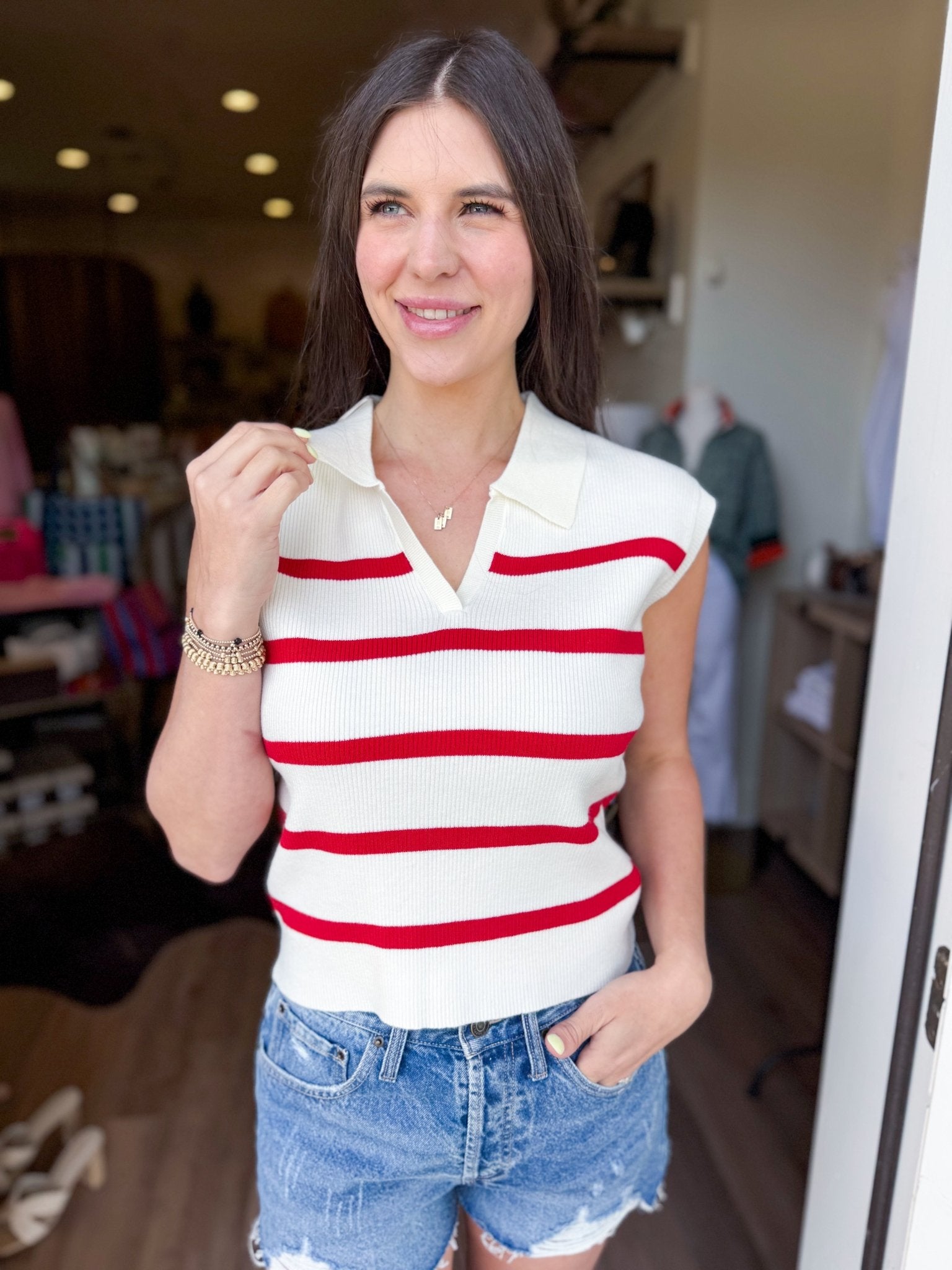 Red Stripe Sleeveless Knit Polo Top - Elk + Elm