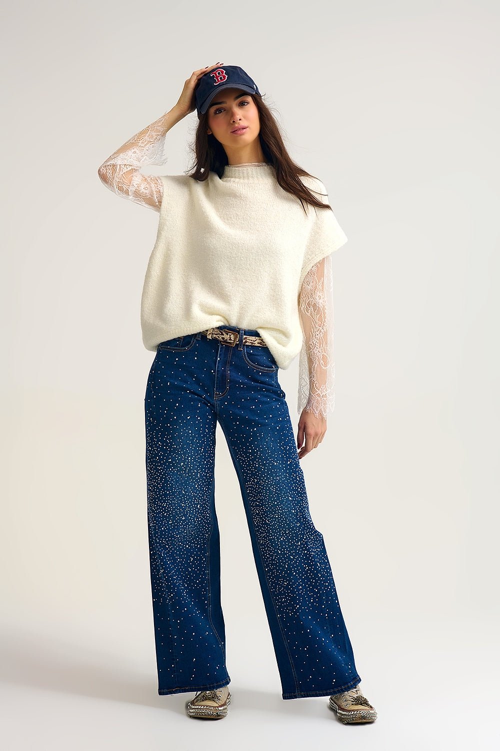 Rhinestone Wide Leg Jeans - Elk + Elm