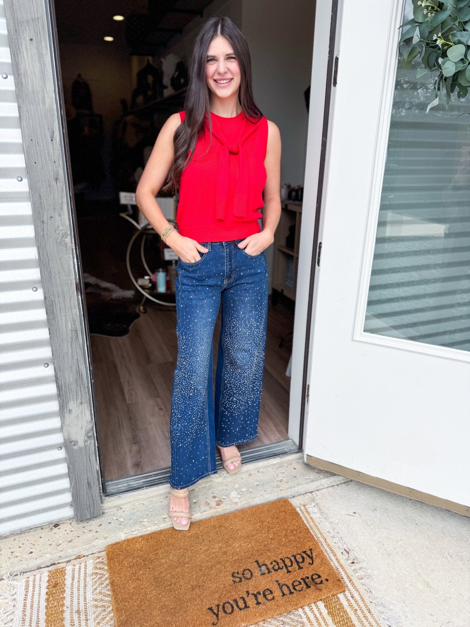 Rhinestone Wide Leg Jeans - Elk + Elm