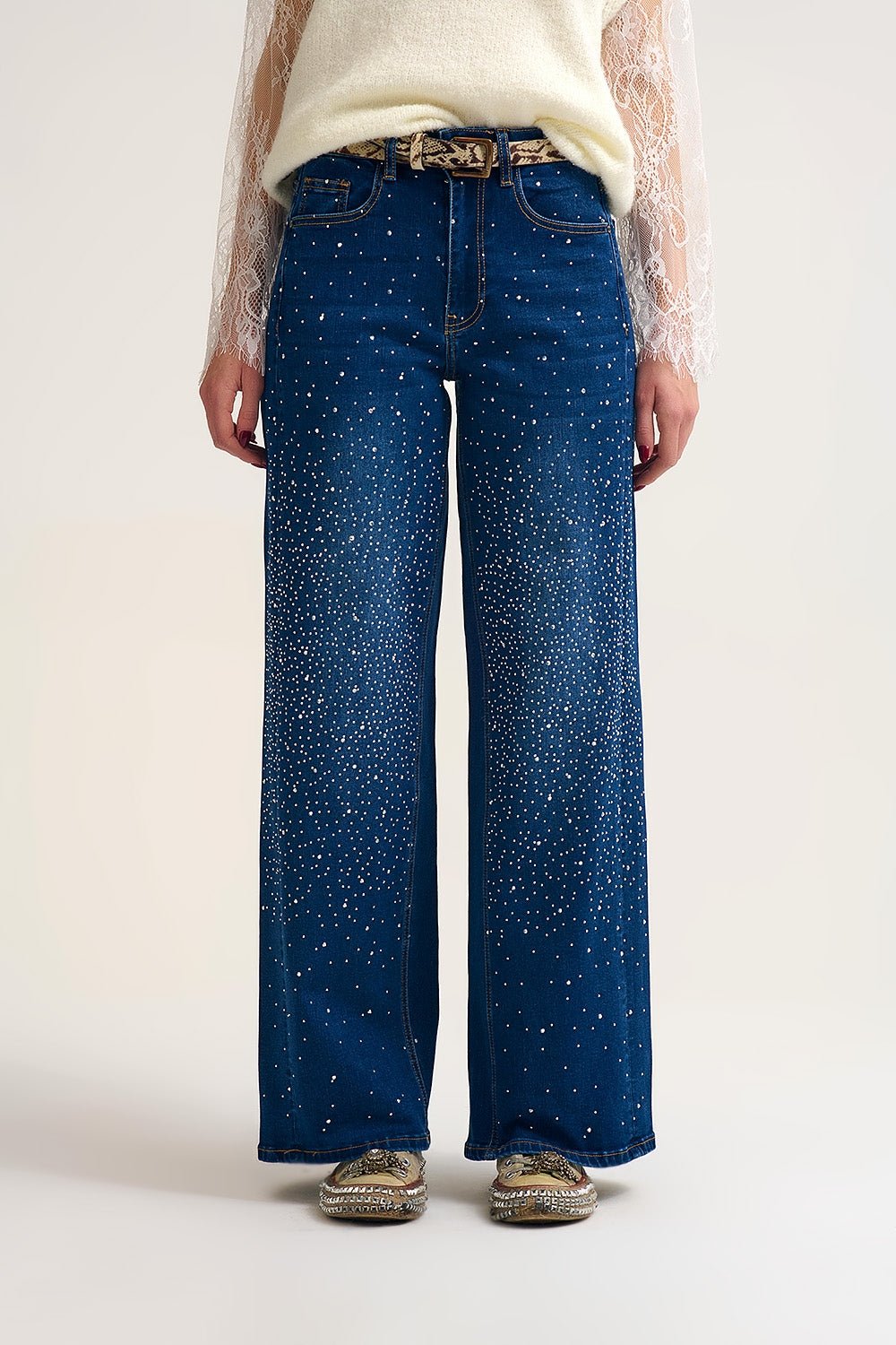 Rhinestone Wide Leg Jeans - Elk + Elm