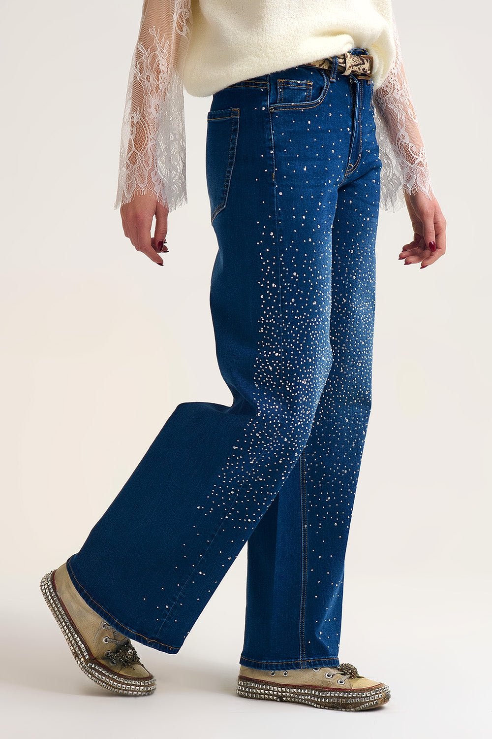 Rhinestone Wide Leg Jeans - Elk + Elm