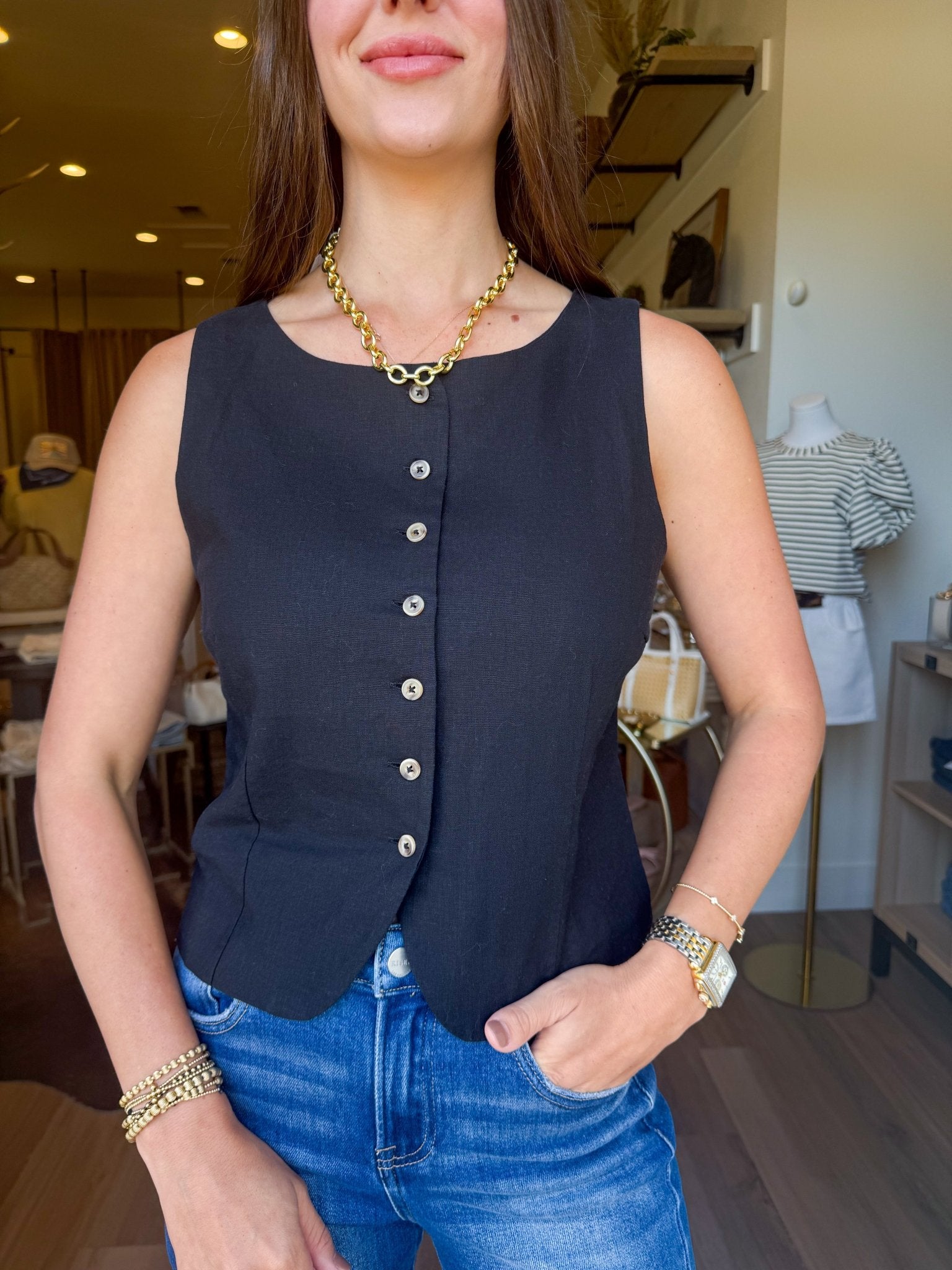 Roman Linen Vest - Black - Elk + Elm