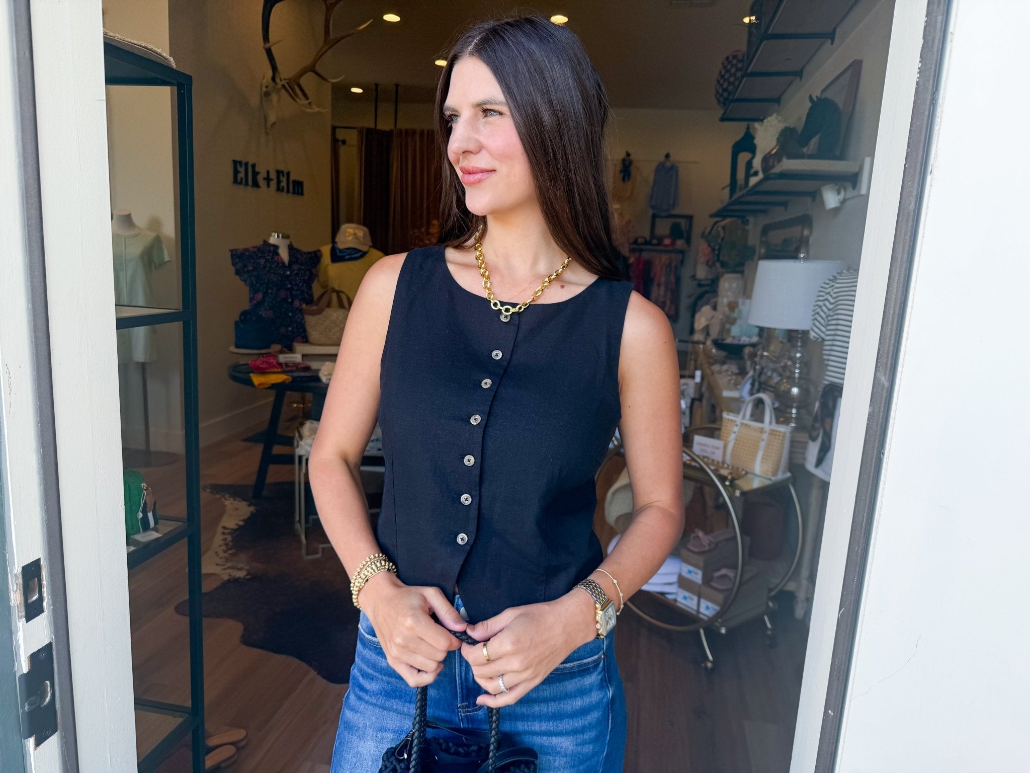 Roman Linen Vest - Black - Elk + Elm