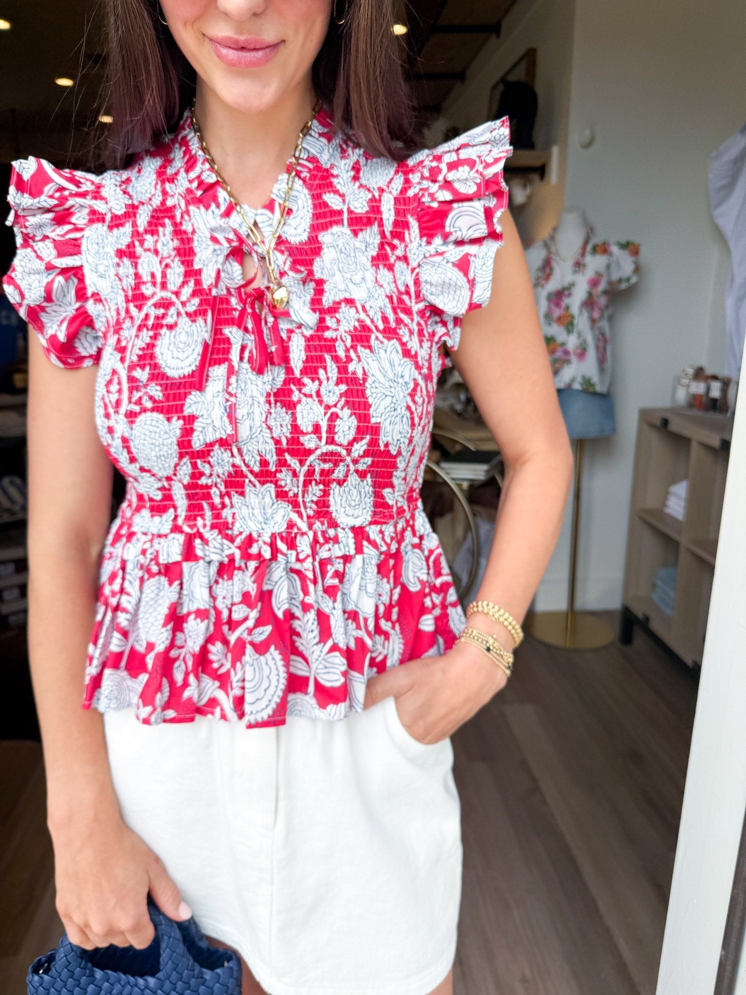 Ruffled Textured Floral Top in Red - Elk + Elm