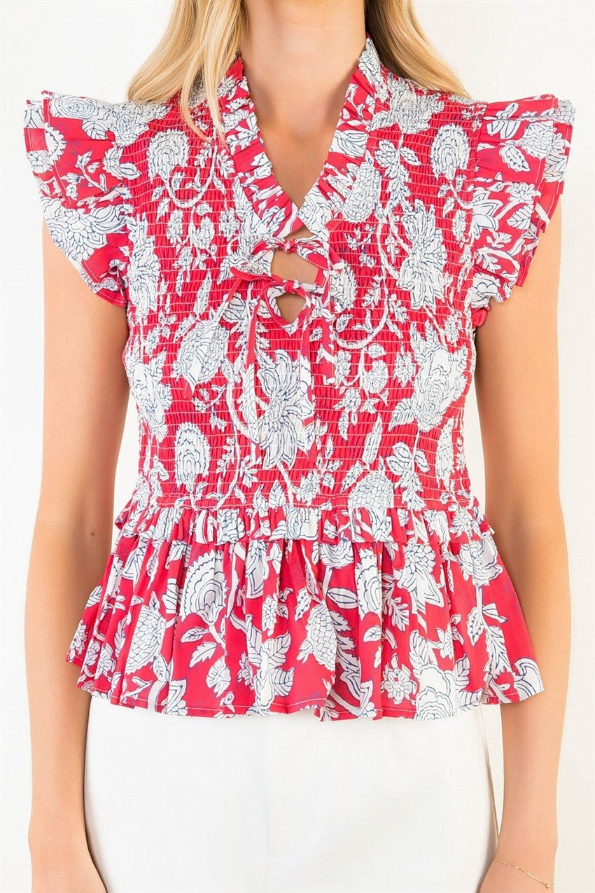 Ruffled Textured Floral Top in Red - Elk + Elm
