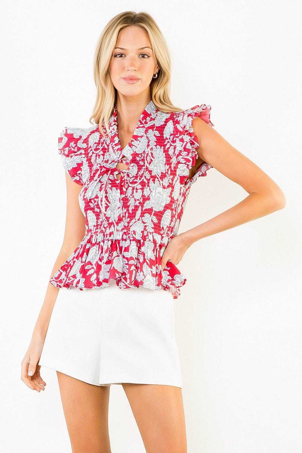 Ruffled Textured Floral Top in Red - Elk + Elm