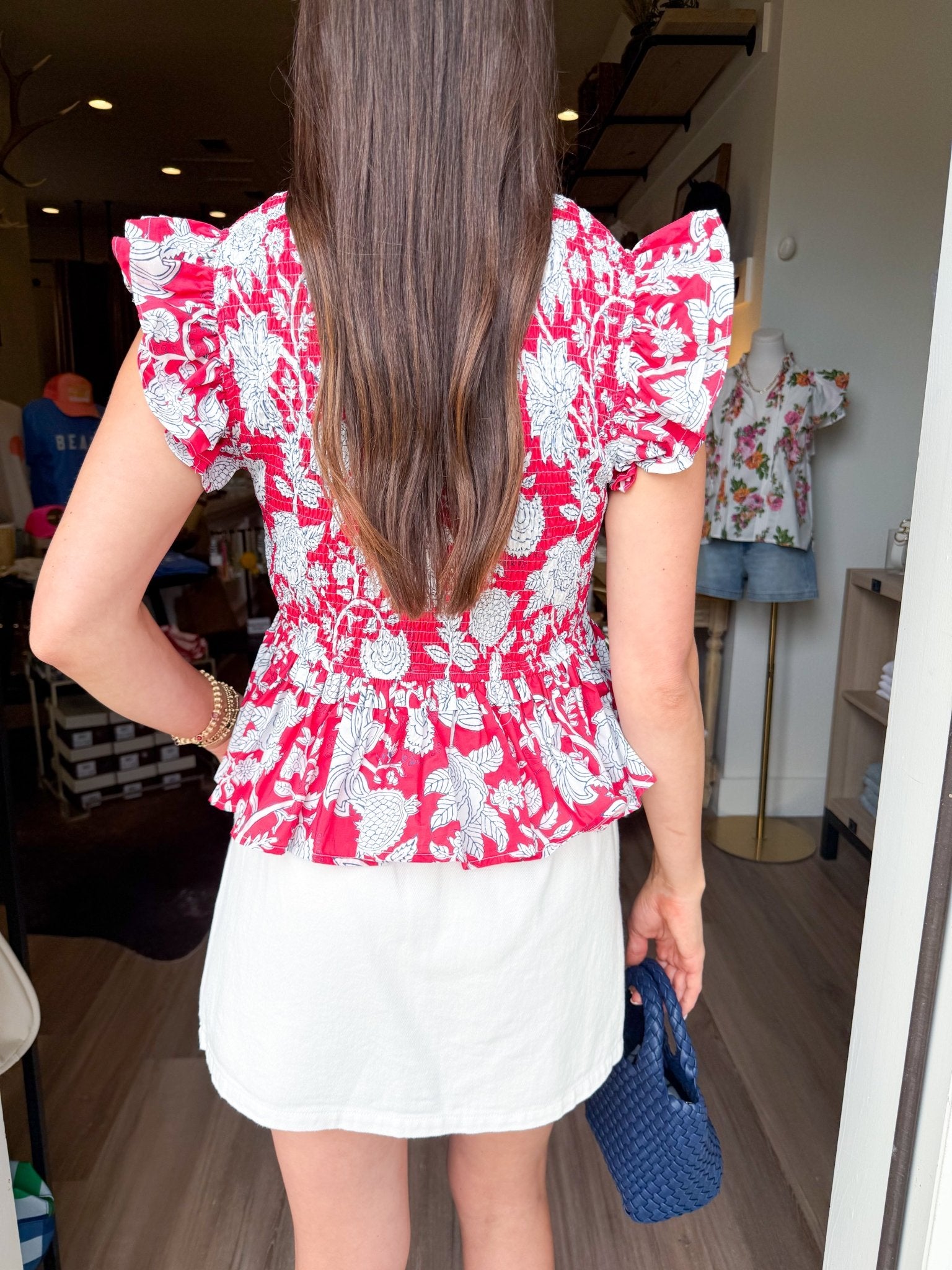 Ruffled Textured Floral Top in Red - Elk + Elm