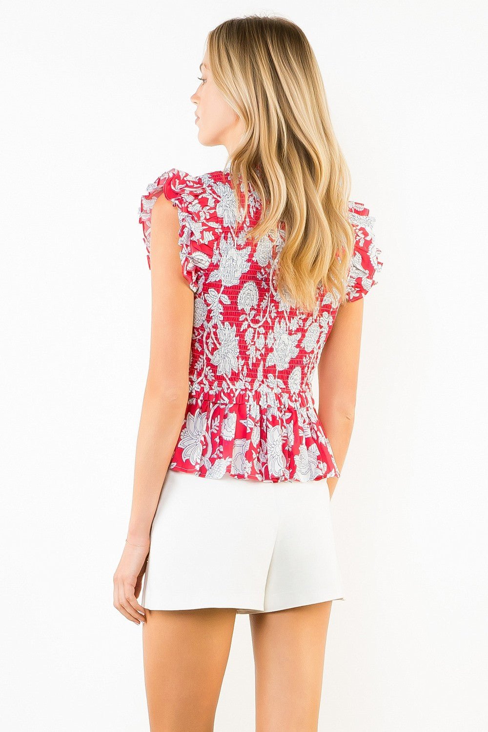 Ruffled Textured Floral Top in Red - Elk + Elm