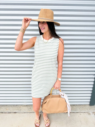 Sage Green Stripe Sleeveless Mini Dress - Elk + Elm