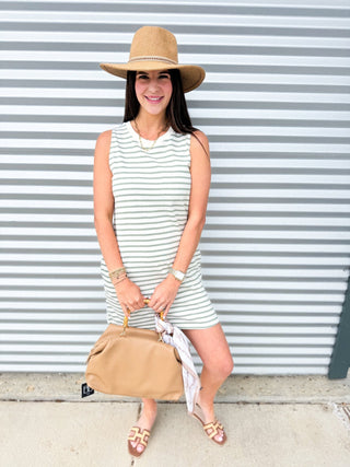 Sage Green Stripe Sleeveless Mini Dress - Elk + Elm