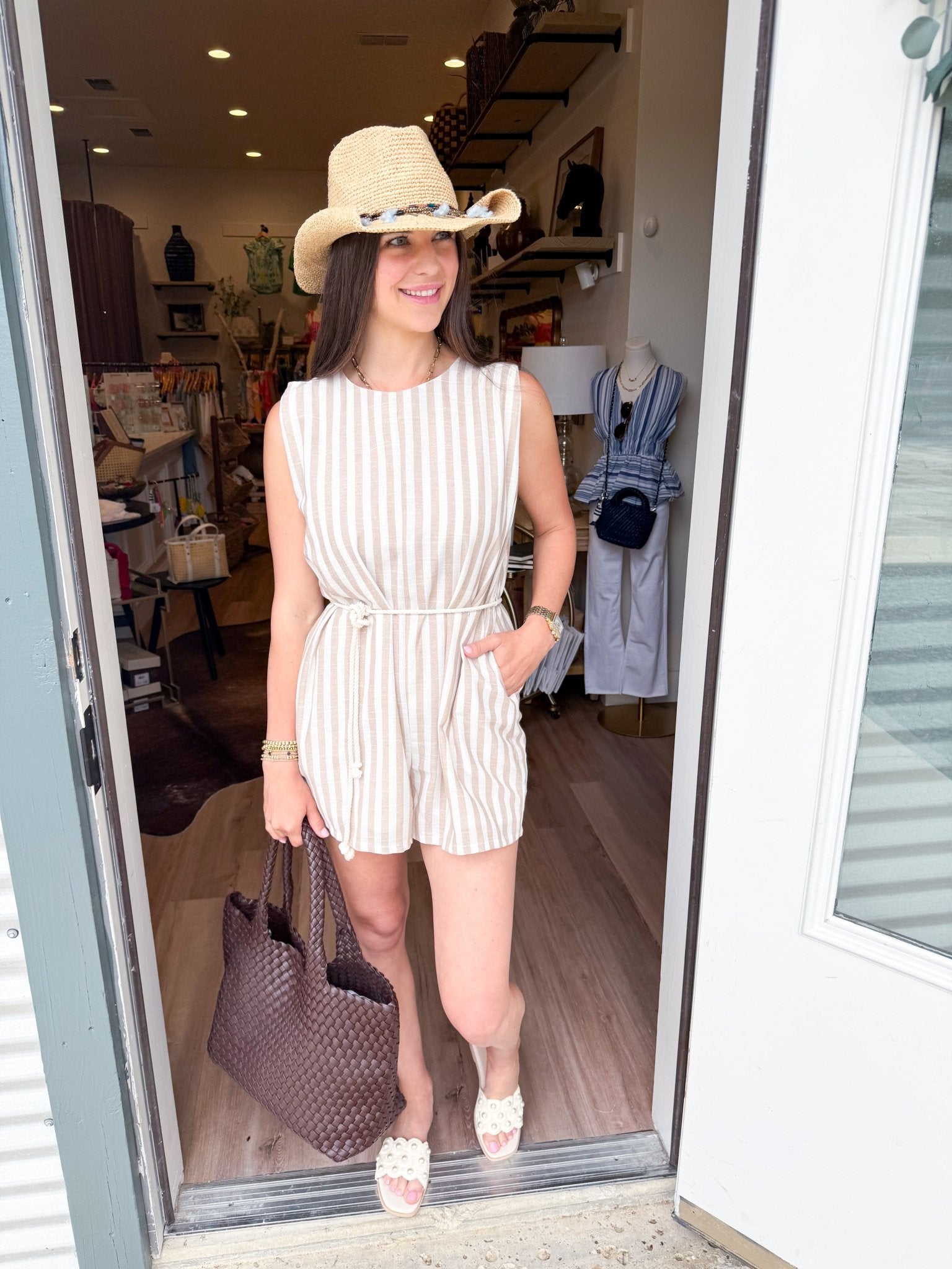 Sandy Stripe Belted Romper - Elk + Elm