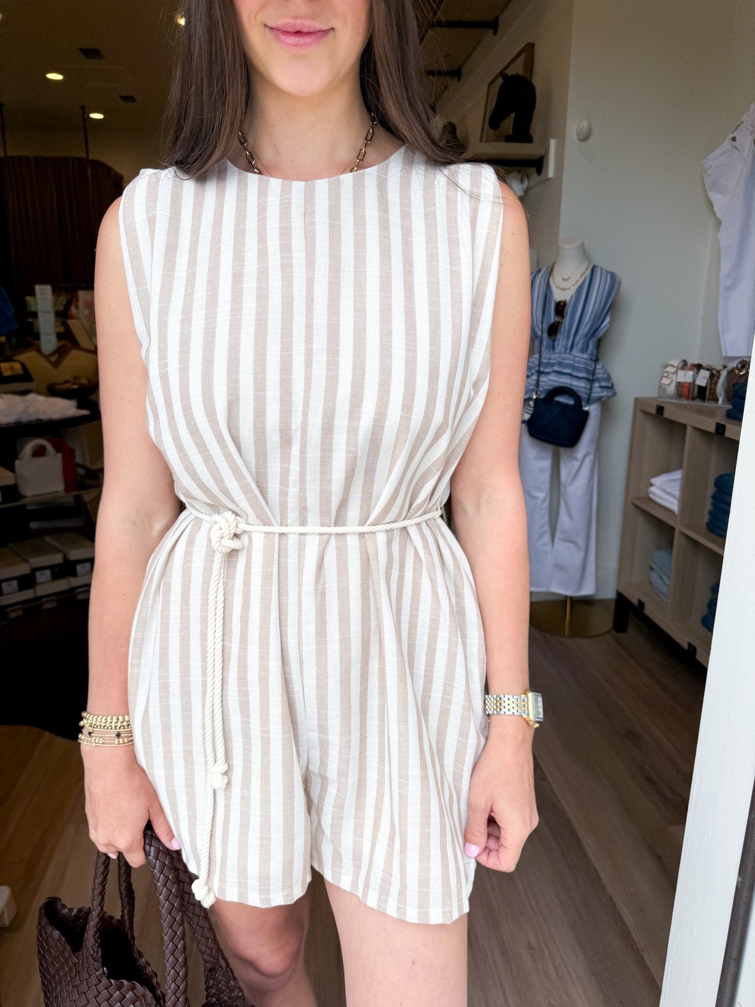 Sandy Stripe Belted Romper - Elk + Elm