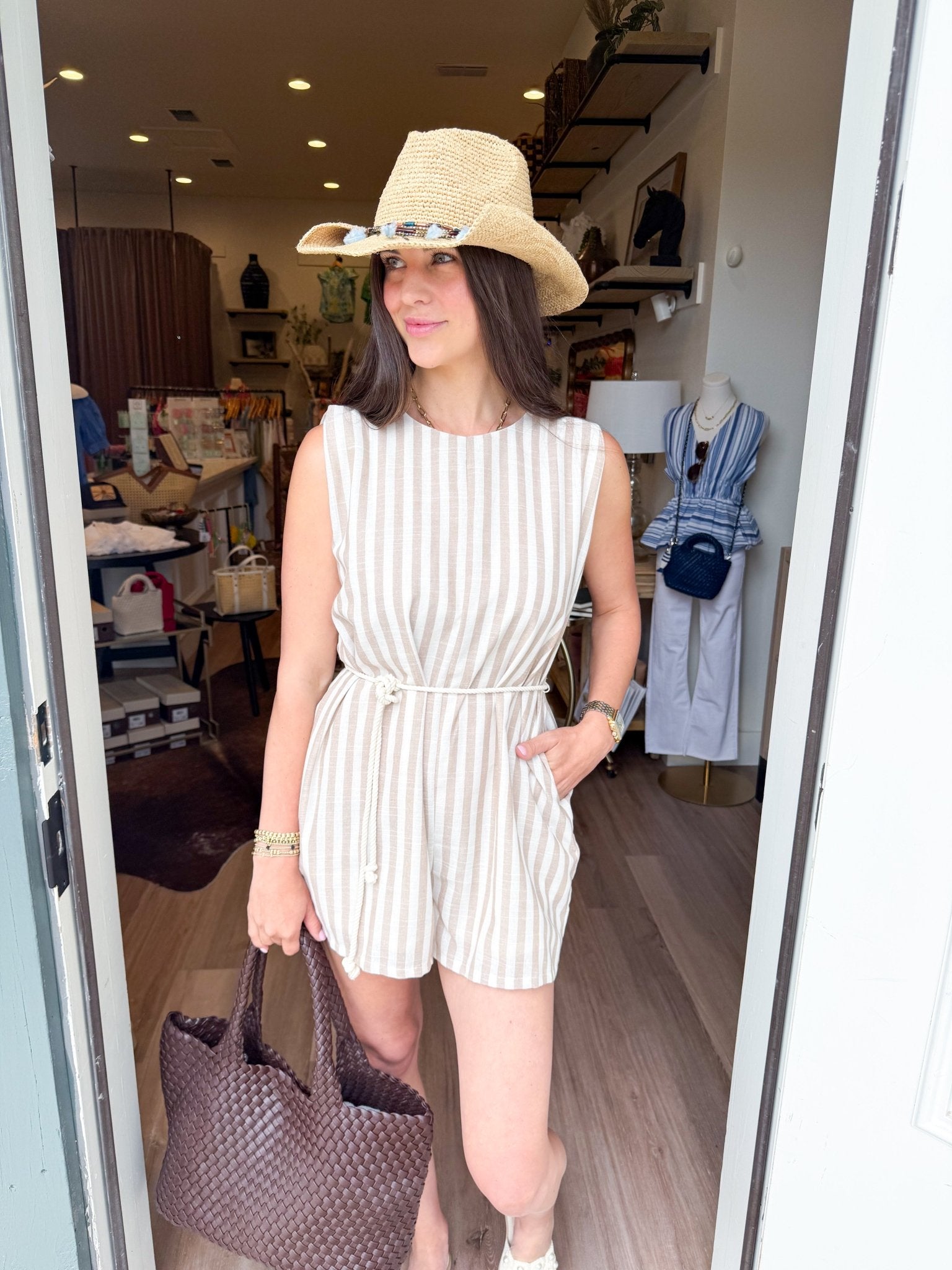 Sandy Stripe Belted Romper - Elk + Elm