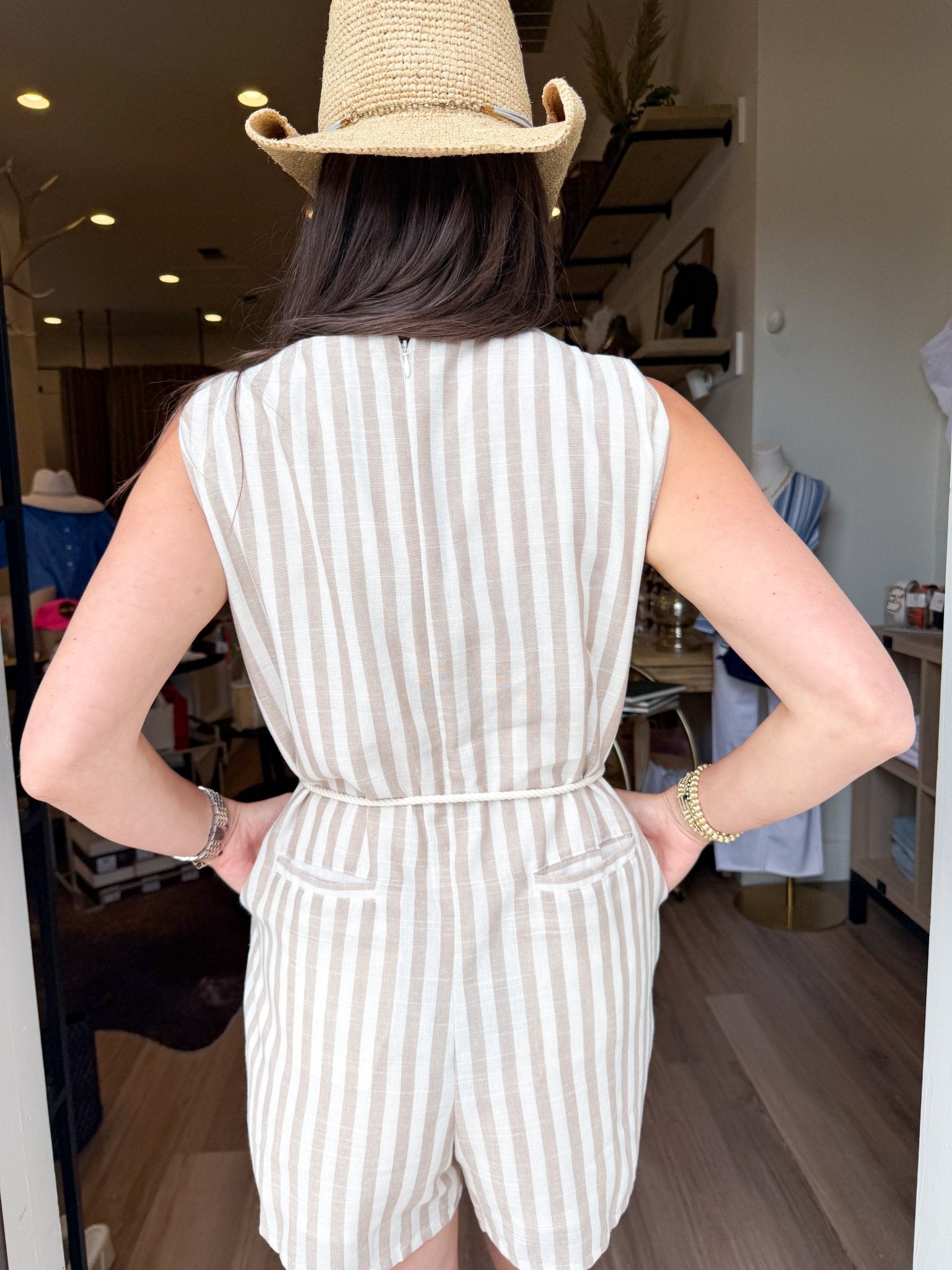 Sandy Stripe Belted Romper - Elk + Elm