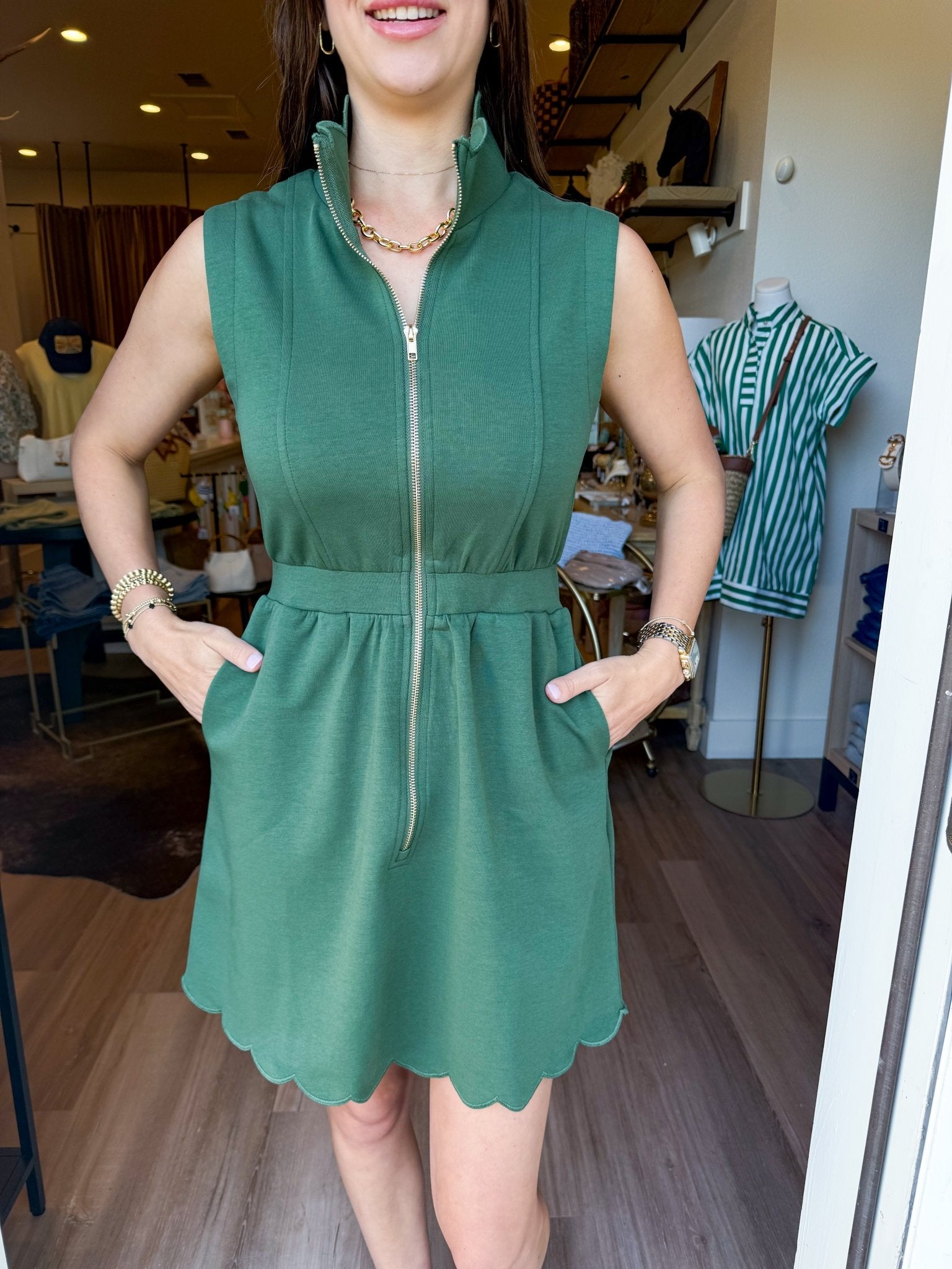 Scallop Zip Mini Dress - Green - Elk + Elm