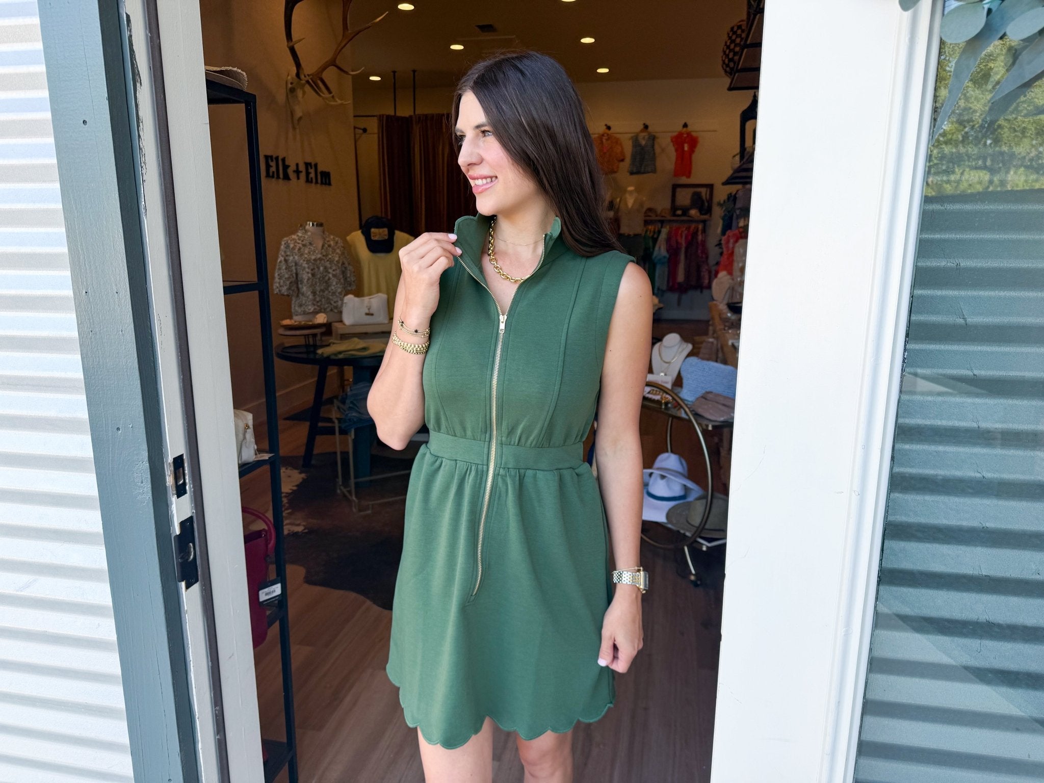 Scallop Zip Mini Dress - Green - Elk + Elm
