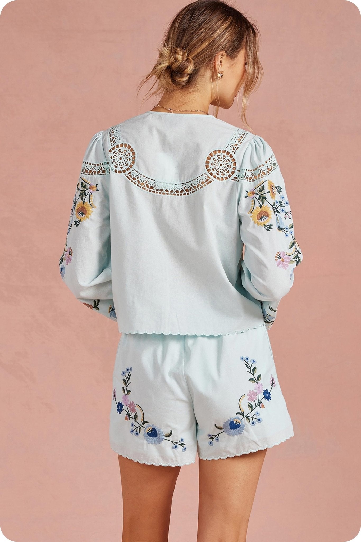 Sky Bloom Embroidered Shorts - Elk + Elm