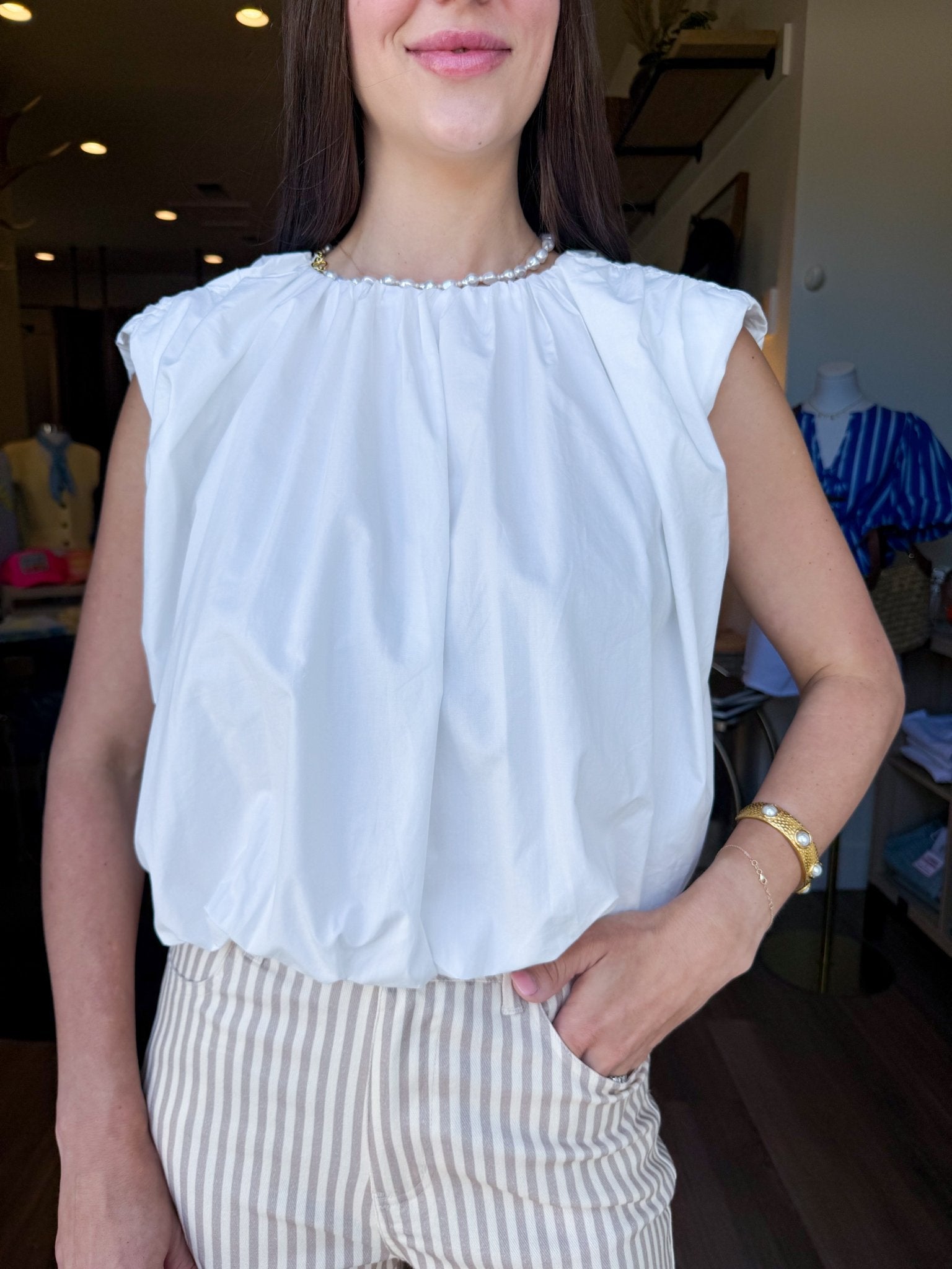 Sleeveless Bubble Hem Top in White - Elk + Elm
