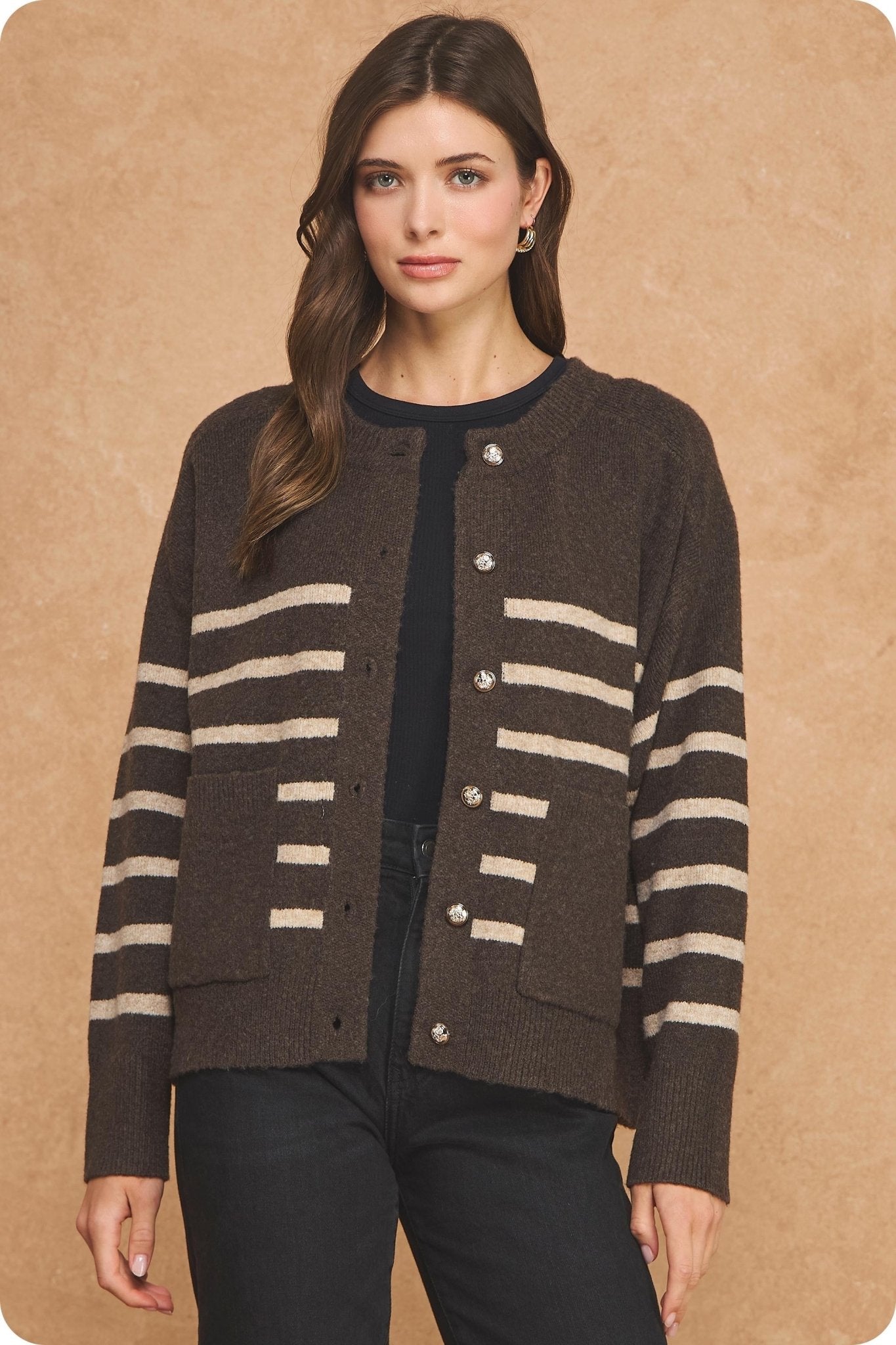 Striped Gold Button Cardigam - Elk + Elm