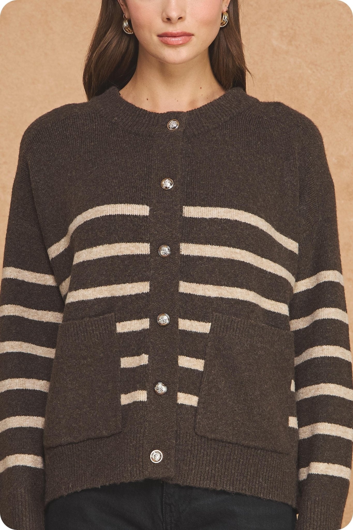 Striped Gold Button Cardigam - Elk + Elm