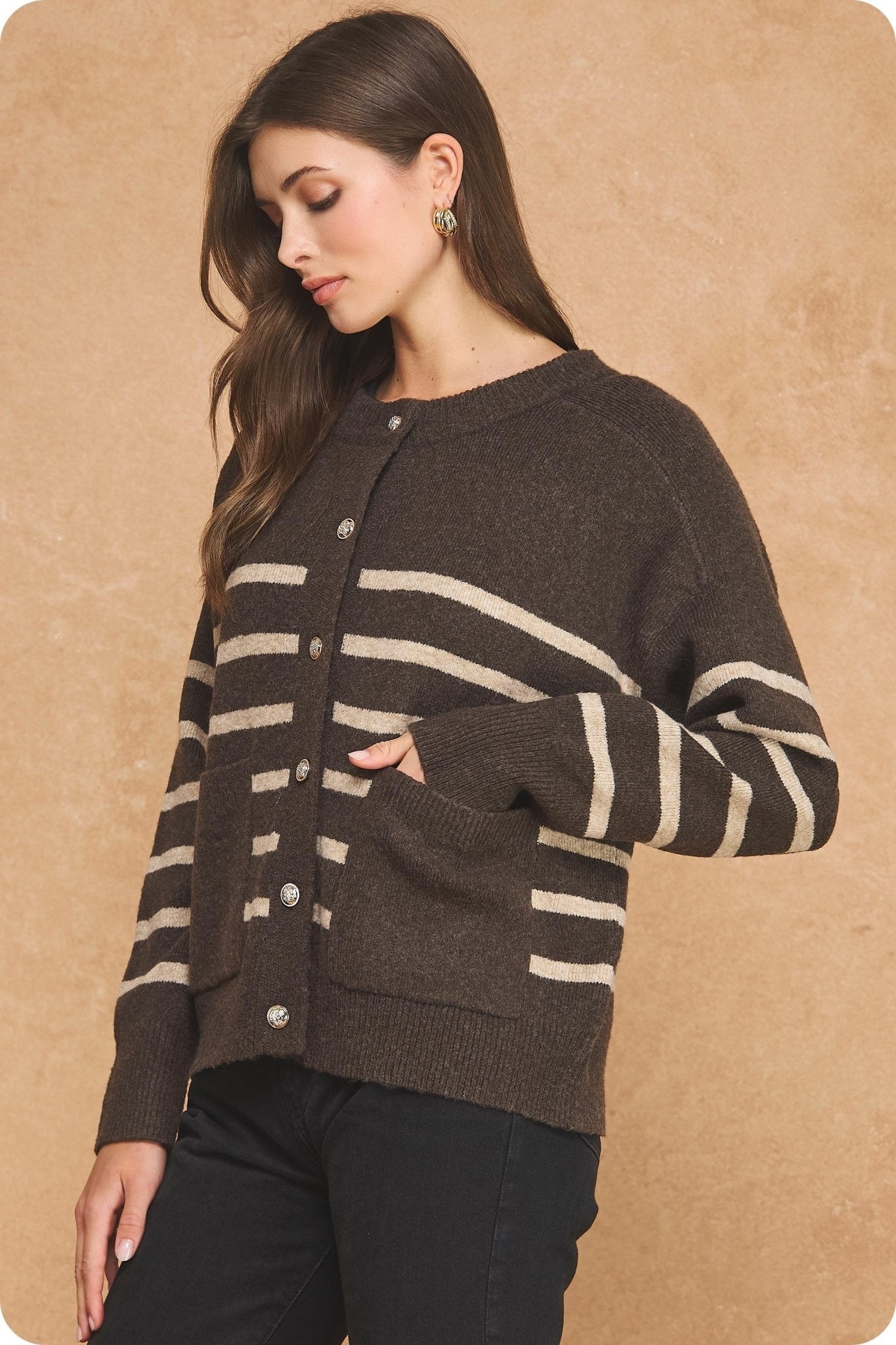 Striped Gold Button Cardigam - Elk + Elm