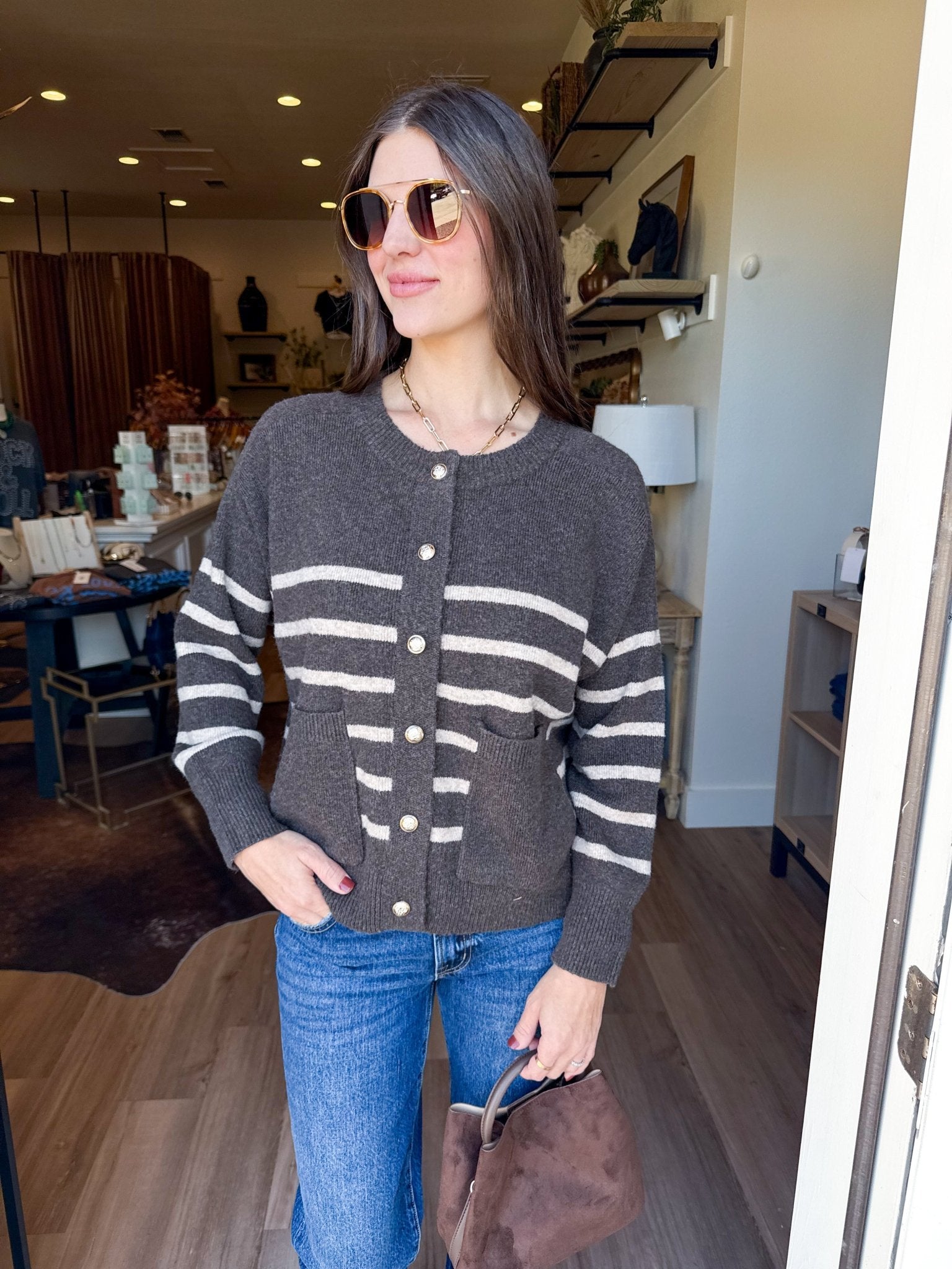 Striped Gold Button Cardigam - Elk + Elm